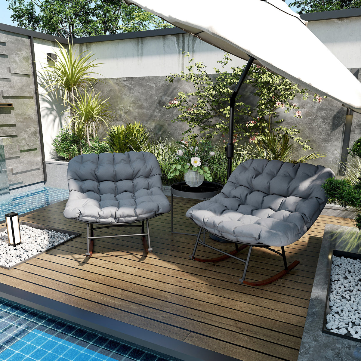 Outdoor Rocking Chair Patio Set of 2, Oversized Rocking Papasan Chairs with Cushions for Garden Porch, 265 lbs., Gray
