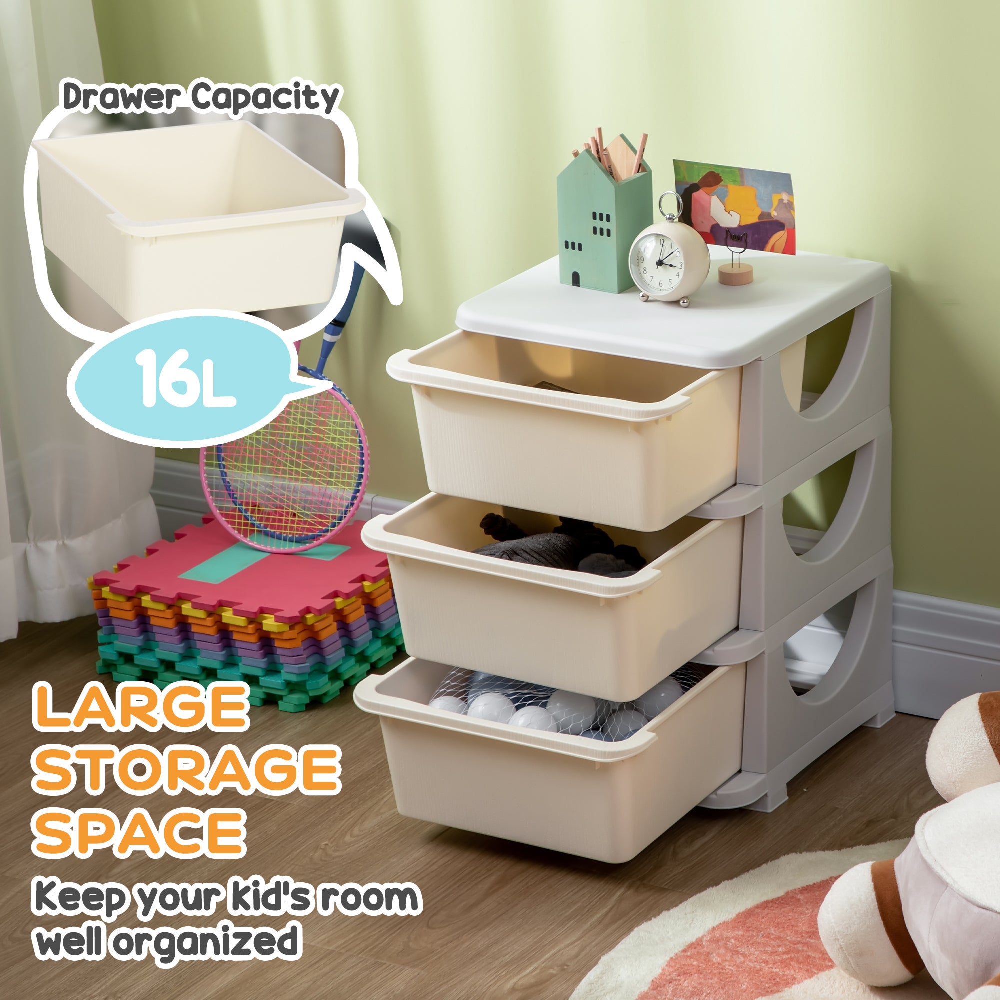3 Tier Kids Storage Unit, Toy Organizers and Storage with 3 Drawer Chest for Kids Bedroom Nursery Kindergarten Living Room for Boys Girls Toddlers, Cream White