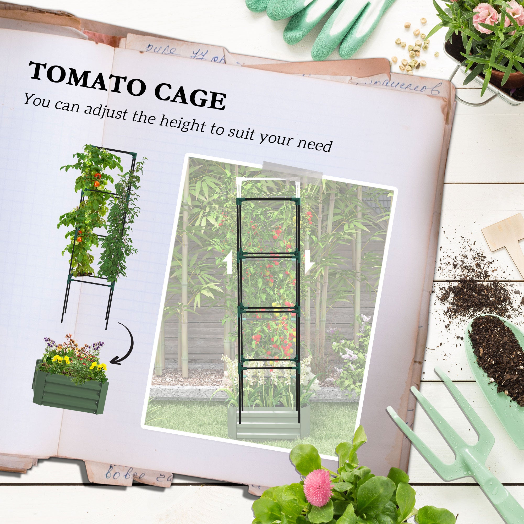 Galvanized Planter Box, 24" x 24" x 73.5" Raised Garden Bed with Tomato Cage for Climbing Vines, Green - Green - Image 4