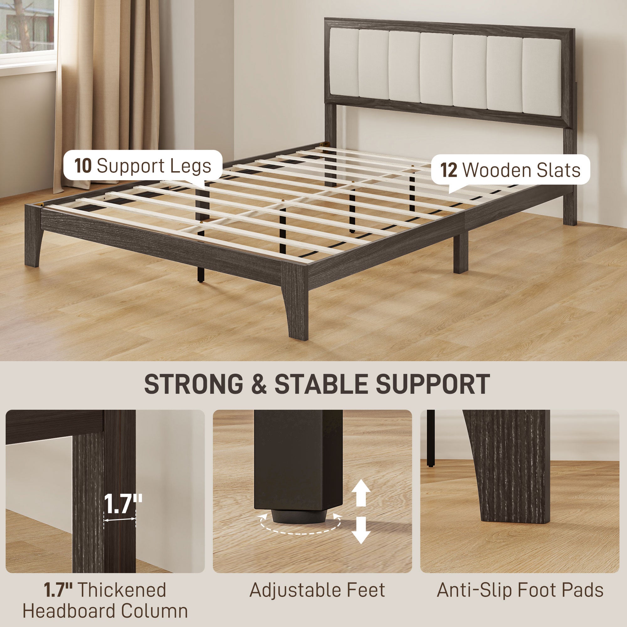 Queen Size Bed Frame with Headboard, Platform Bed Frame with Wooden Slats No Box Spring Needed Charcoal Gray