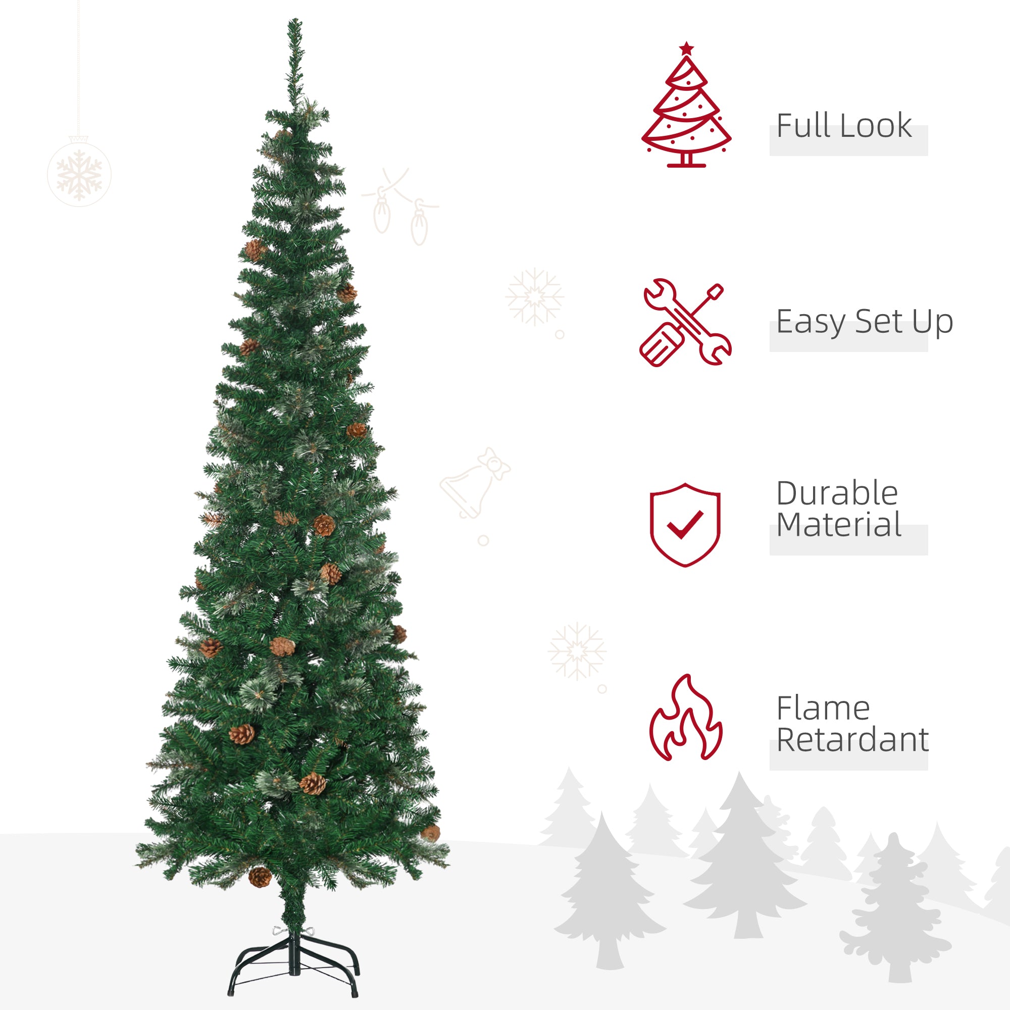 6.5 Foot Pencil Artificial Christmas Tree, Slim Pine Needles Xmas Tree with Realistic Branches, Pine Cones, Metal Base, Green