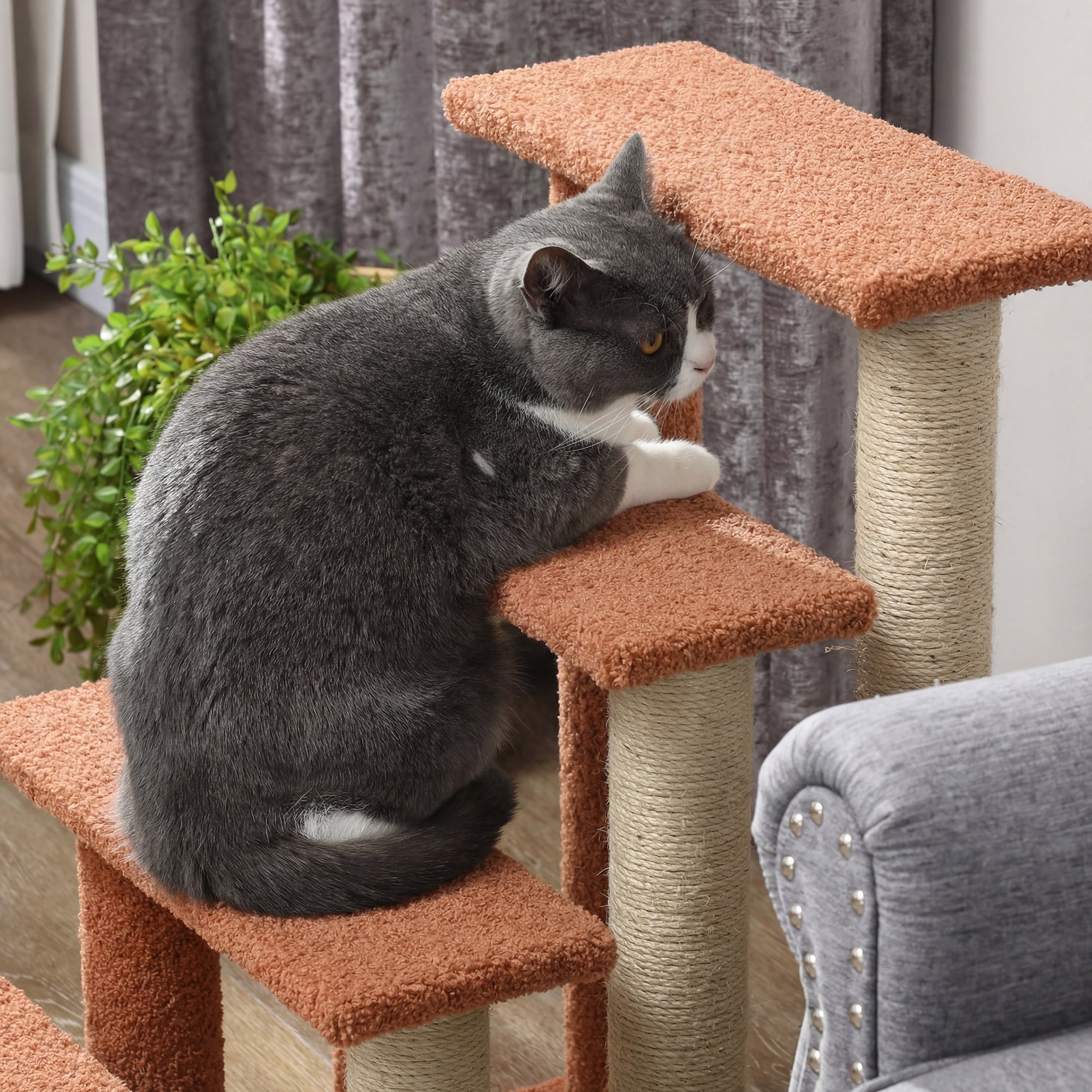 4 Levels Cat Steps with Scratching Posts for High Bed, Sofa, Brown - Brown - Image 8