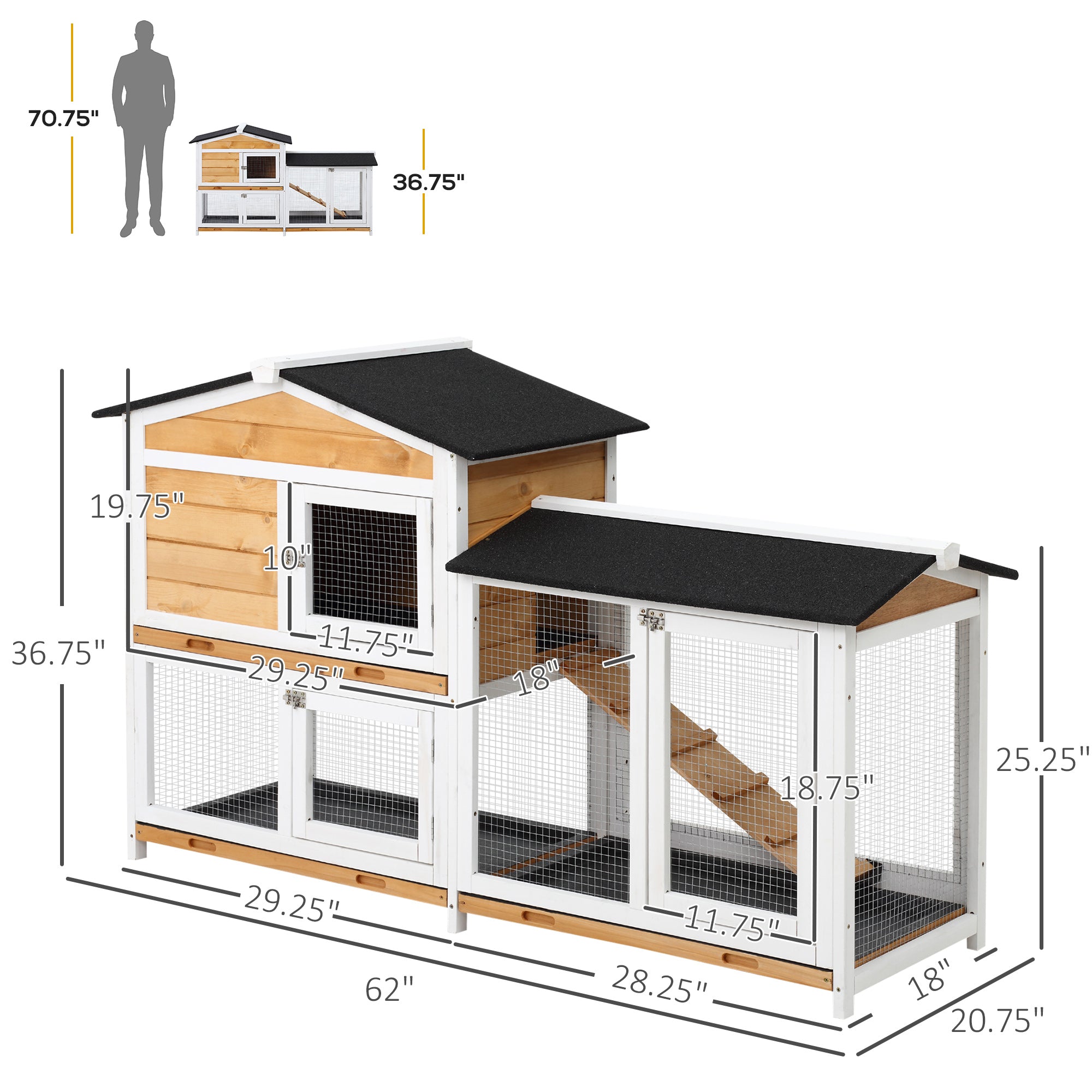 62" Rabbit Hutch, Wooden Bunny Hutch, Guinea Pig Cage, Small Animal Enclosure with Run Area, Removable Tray, Asphalt Roof, Lockable Doors and Ramp, for Rabbits, Chickens, Ducks, Nature Wood - Natural Wood - Image 3