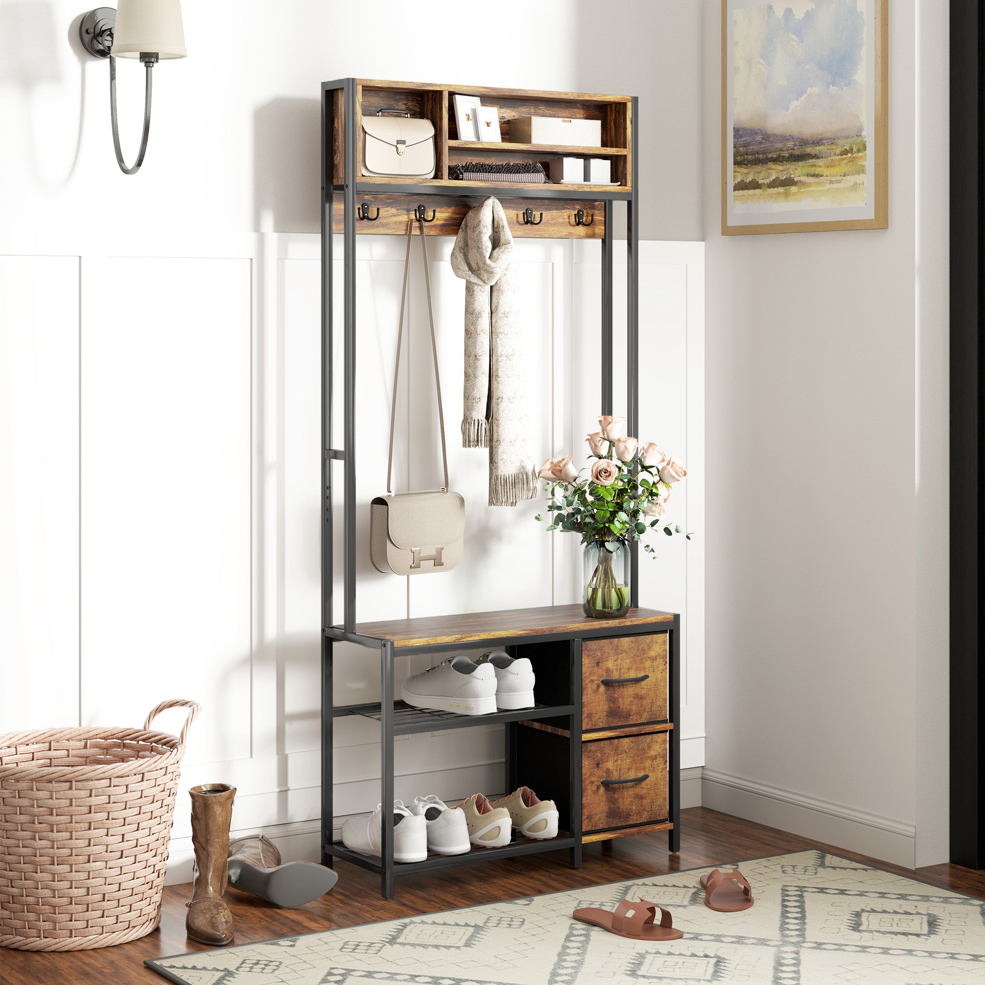 Hall Tree with Bench and Shoe Storage, 5-in-1 Entryway Bench with Coat Rack, 3 Storage Shelves, 2 Fabric Drawers, Brown