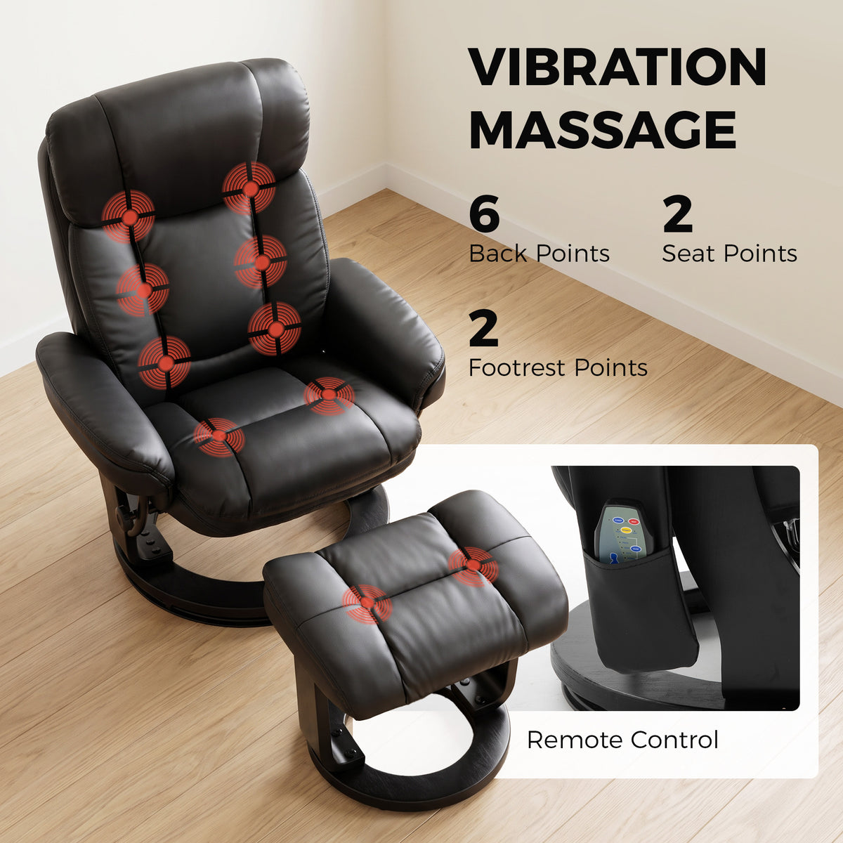 PU Leather Massage Recliner Chair with Ottoman, 10-Point Vibration, Swivel Armchair, Black