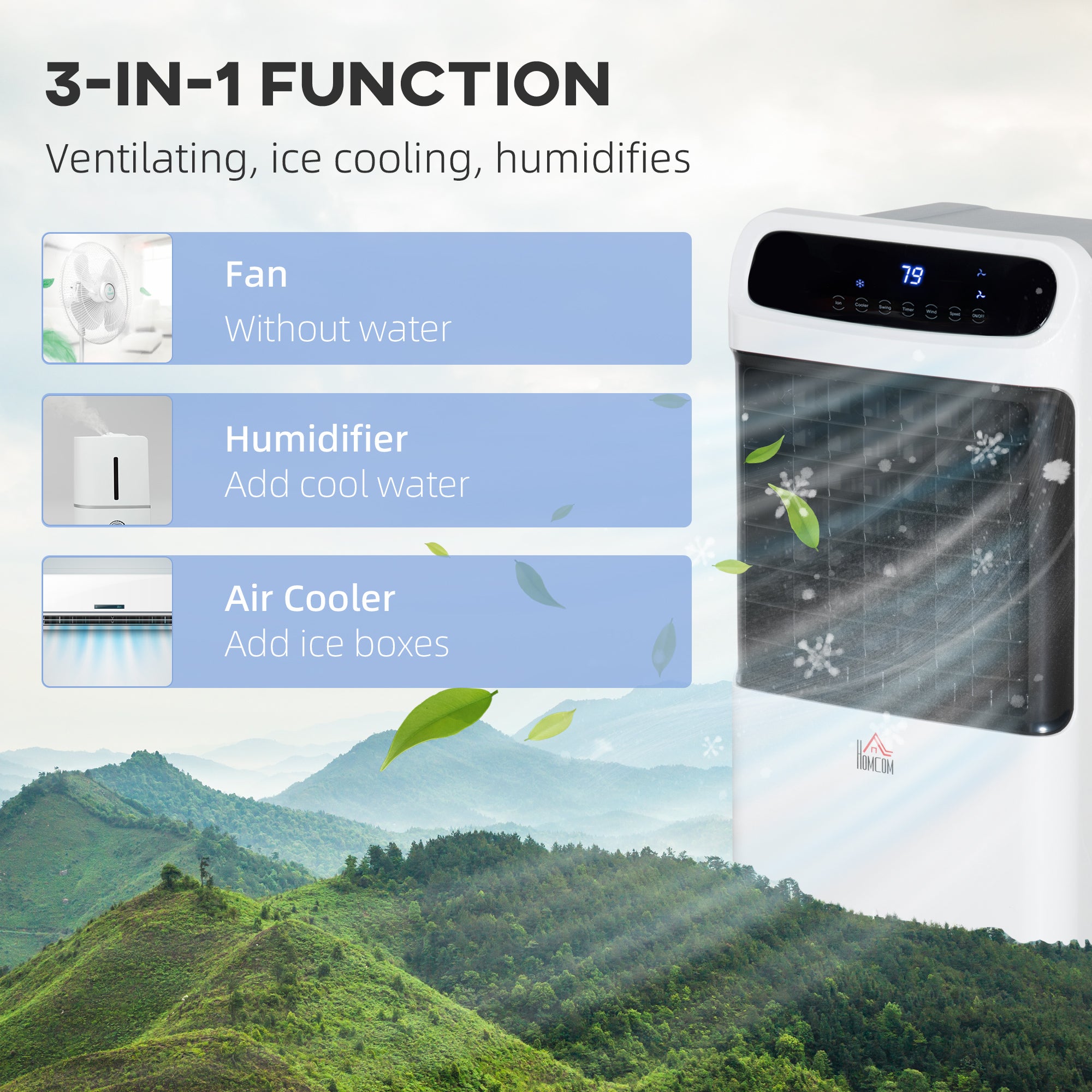 3-In-1 Ice Cooling Fan, Mobile Evaporative Air Cooler with Remote, Timer, Oscillating for Home Office, Bedroom, White