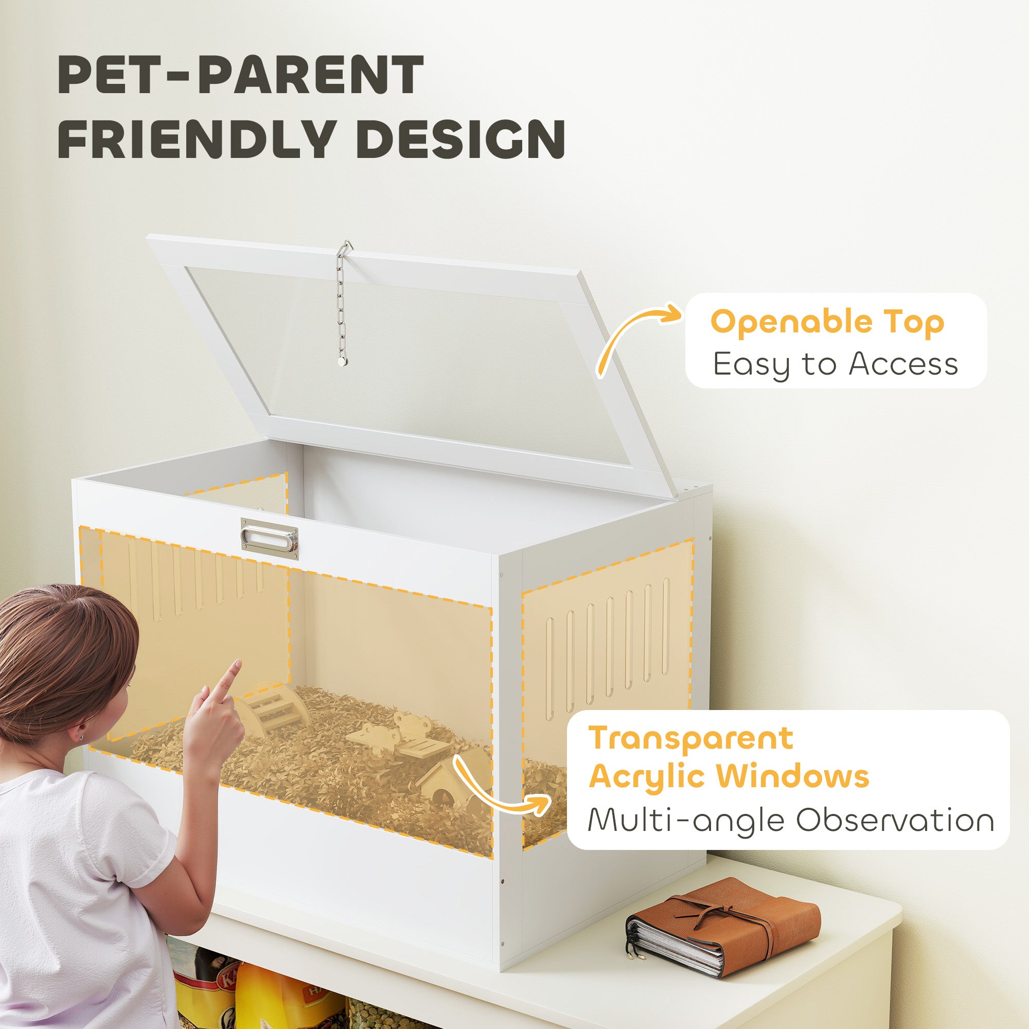 Hamster Cage with Openable Top & Lock, Hut, Transparent Acrylic Panels, Accessories, for Dwarf Hamster Gerbil, White - White - Image 5
