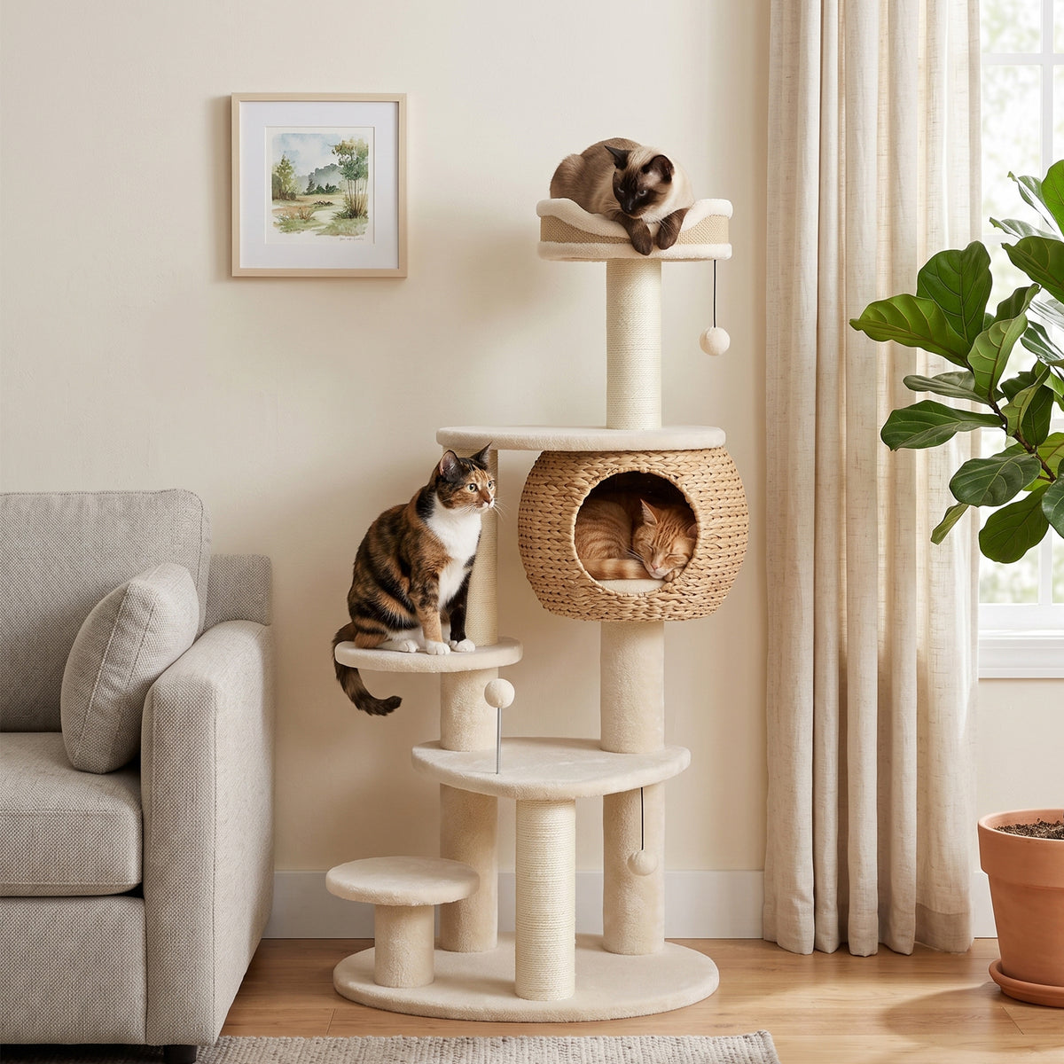 52" Cat Tree, Cat Tower with Handwoven Cattail Condo, Bed, Platforms, 3 Scratching Posts and 3 Toy Balls