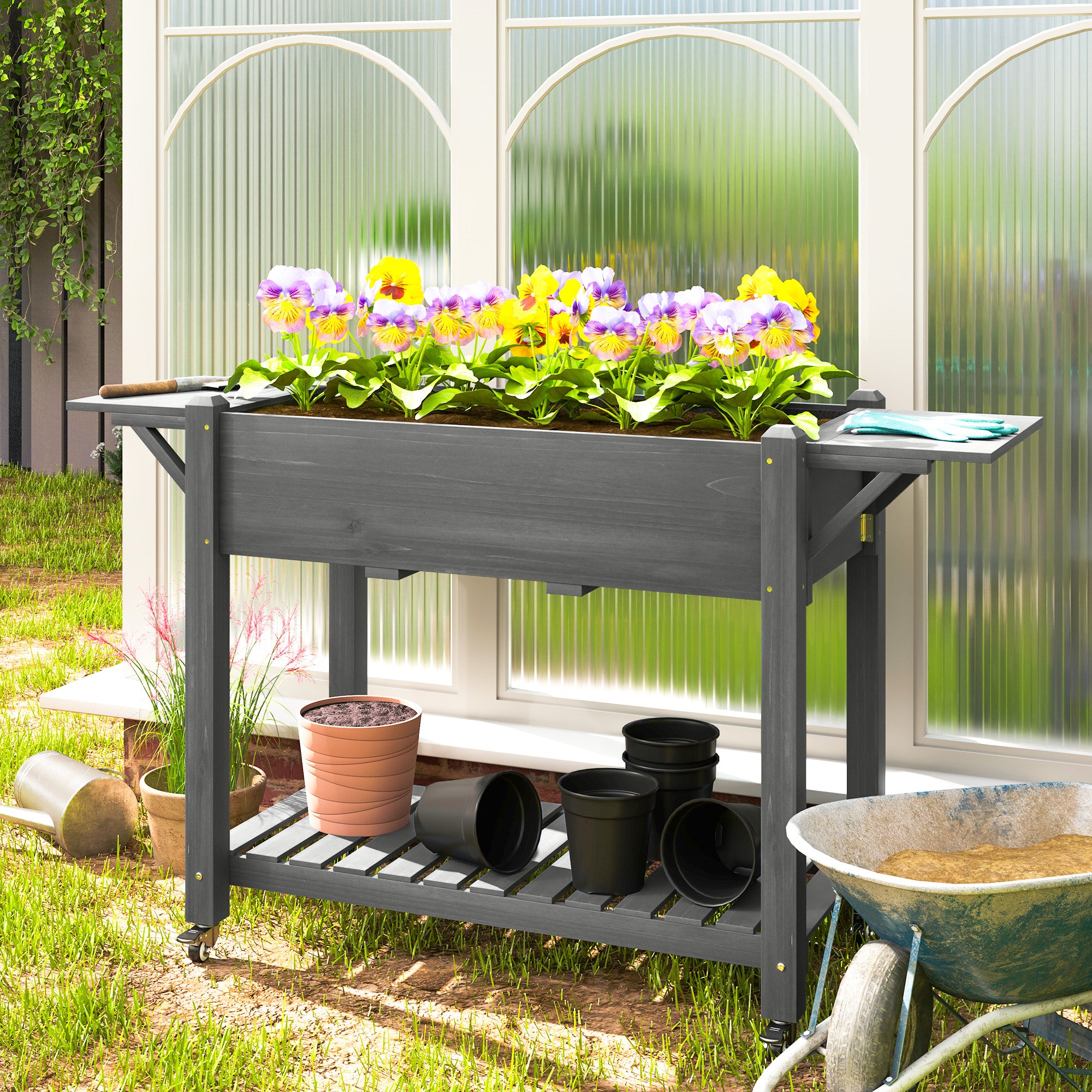 Wood Raised Planter Box, Elevated Garden Bed with Lockable Wheels, Side Tables, Bottom Shelf, Drain Holes, Gray - Gray - Image 2