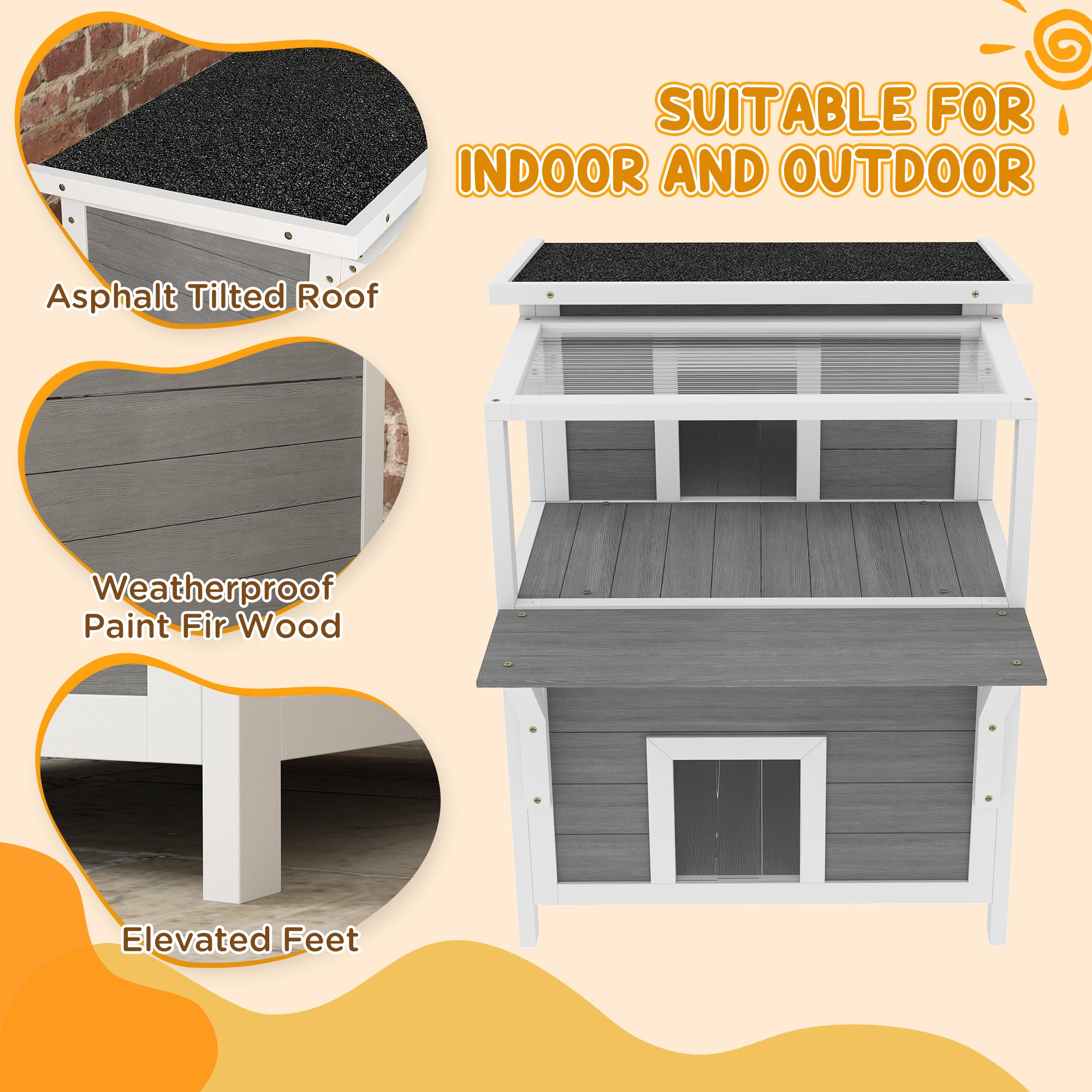 2-Story Wooden Cat House Outdoor with Balcony, Openable Top, Escape Door, Removable Panel & Floor, for Backyard, Outside - Light Gray - Image 4