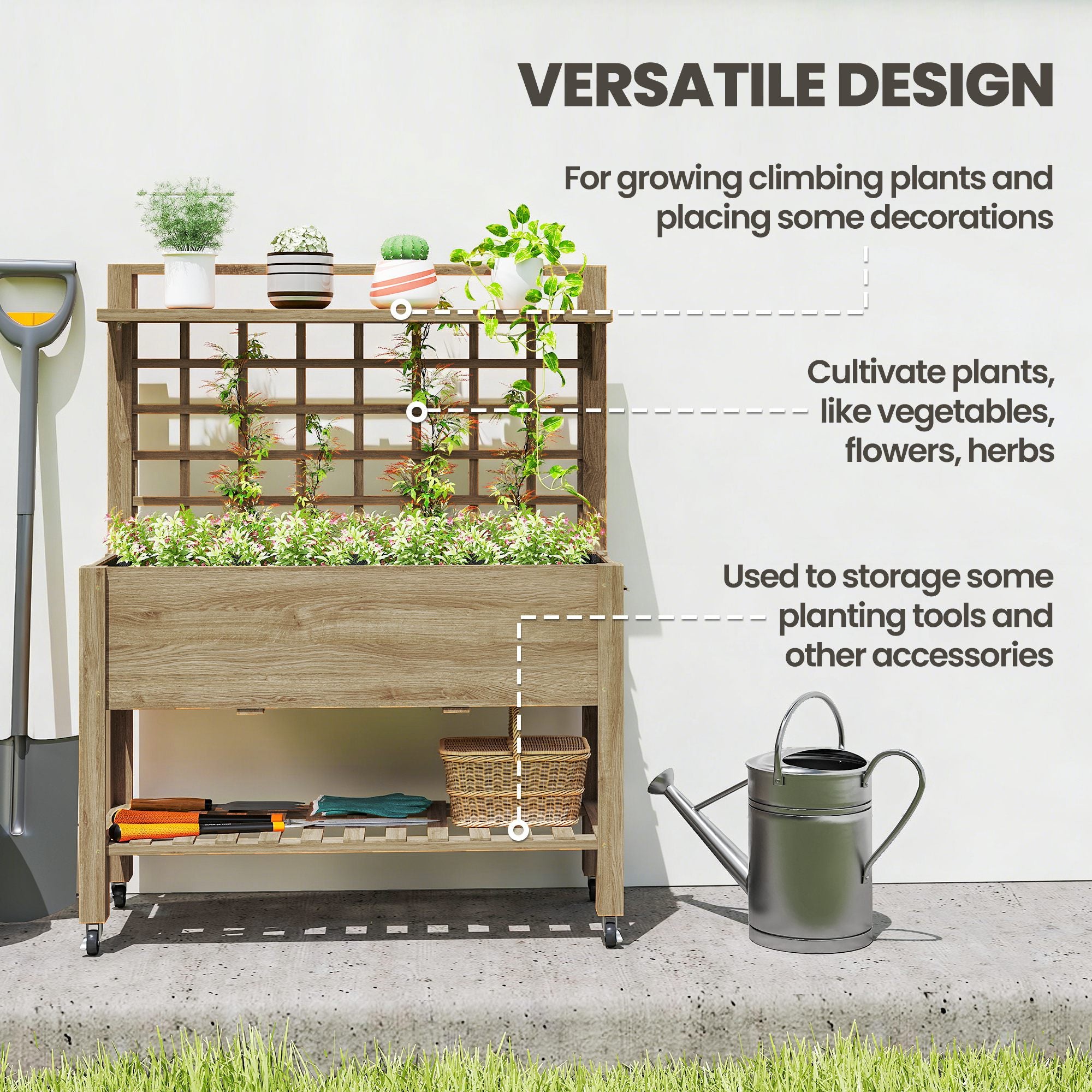 41" Raised Garden Bed Mobile Elevated Wooden Planter Box Stand with Wheels, Trellis and Storage Shelf, Dark Brown - Coffee - Image 4