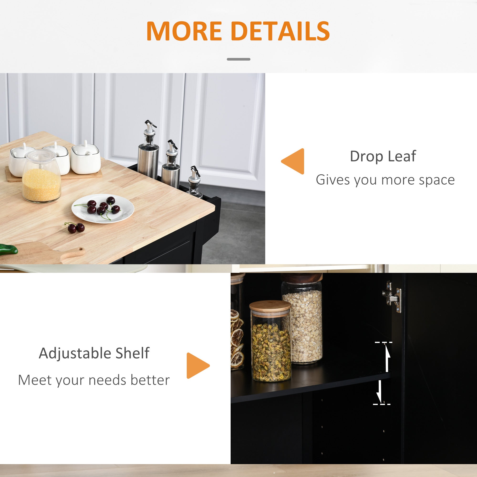 Storage Trolley Cart on Wheels, Mobile Kitchen Island with Drop Leaf, Towel/Spice Rack, 3 Drawers, 2-Door Cabinet, Black
