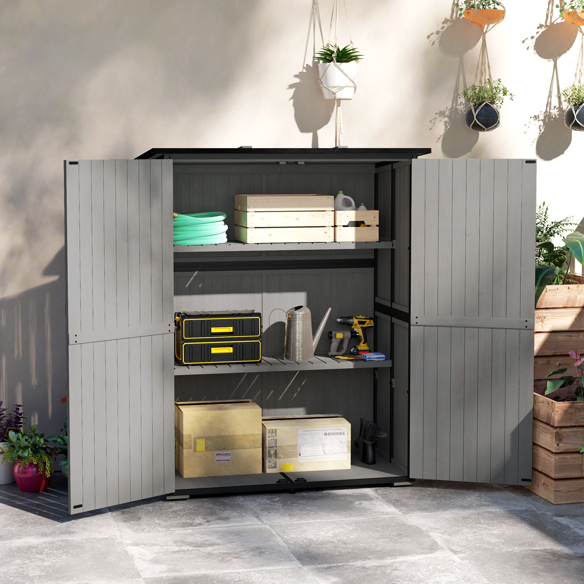 Wood Storage Shed, Outdoor Garden Shed with Asphalt Roof, 2 Shelves, Lockable Doors and Adjustable Feet, Gray - Gray - Image 2