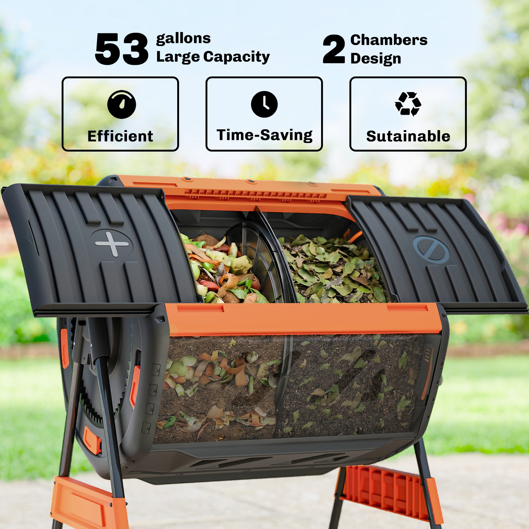 Compost Bin Outdoor, 53 Gal Dual Chamber Tumbling Composter with Adjustable Vents, BPA Free Tumbling Composter, Orange - Orange - Image 4