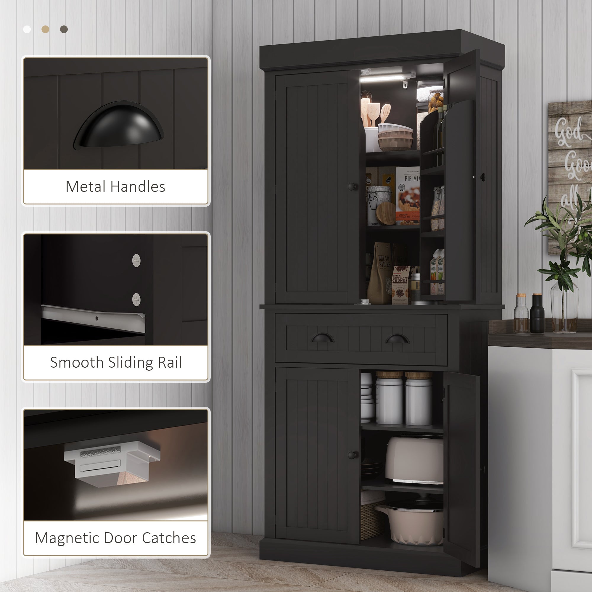 71" Kitchen Pantry Cabinet with LED Lights, 6 Door Shelves, a Drawer and 4 Adjustable Shelves, Black