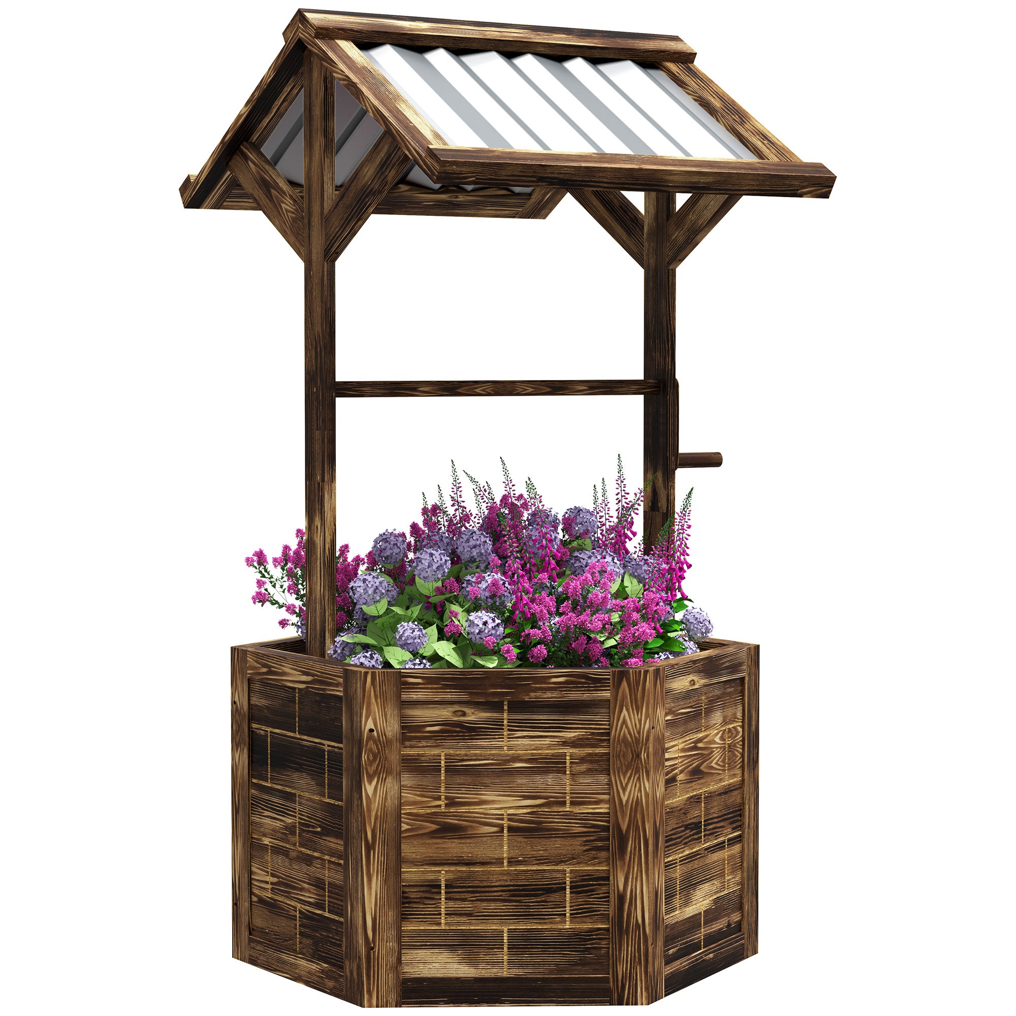Wooden Wishing Well Planter, Raised Garden Bed with Galvanized Canopy, Hexagon Raised Flower Bed for Garden, Tan - Tan