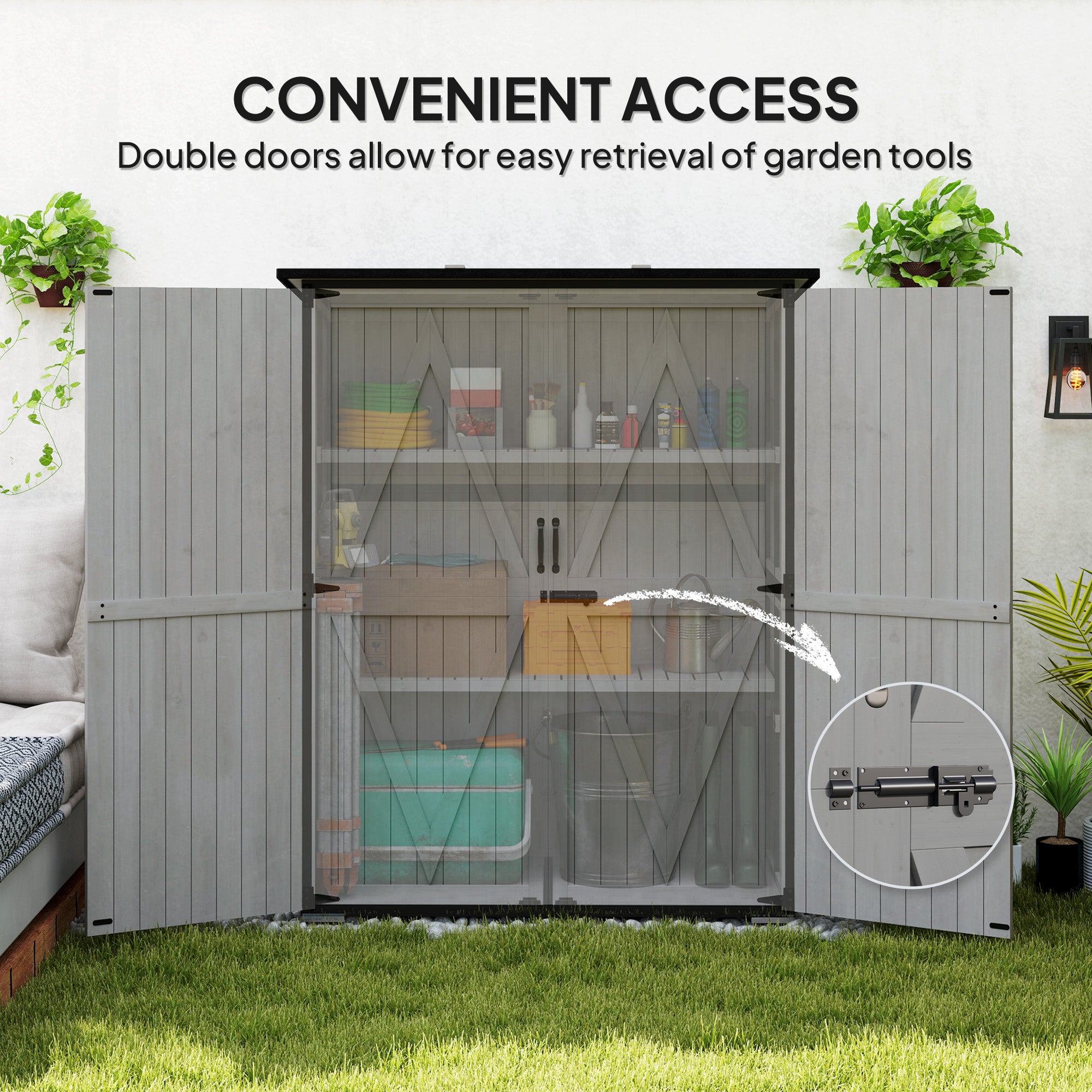 Wood Storage Shed, Outdoor Garden Shed with Asphalt Roof, 2 Shelves, Lockable Doors and Adjustable Feet, Gray - Gray - Image 7