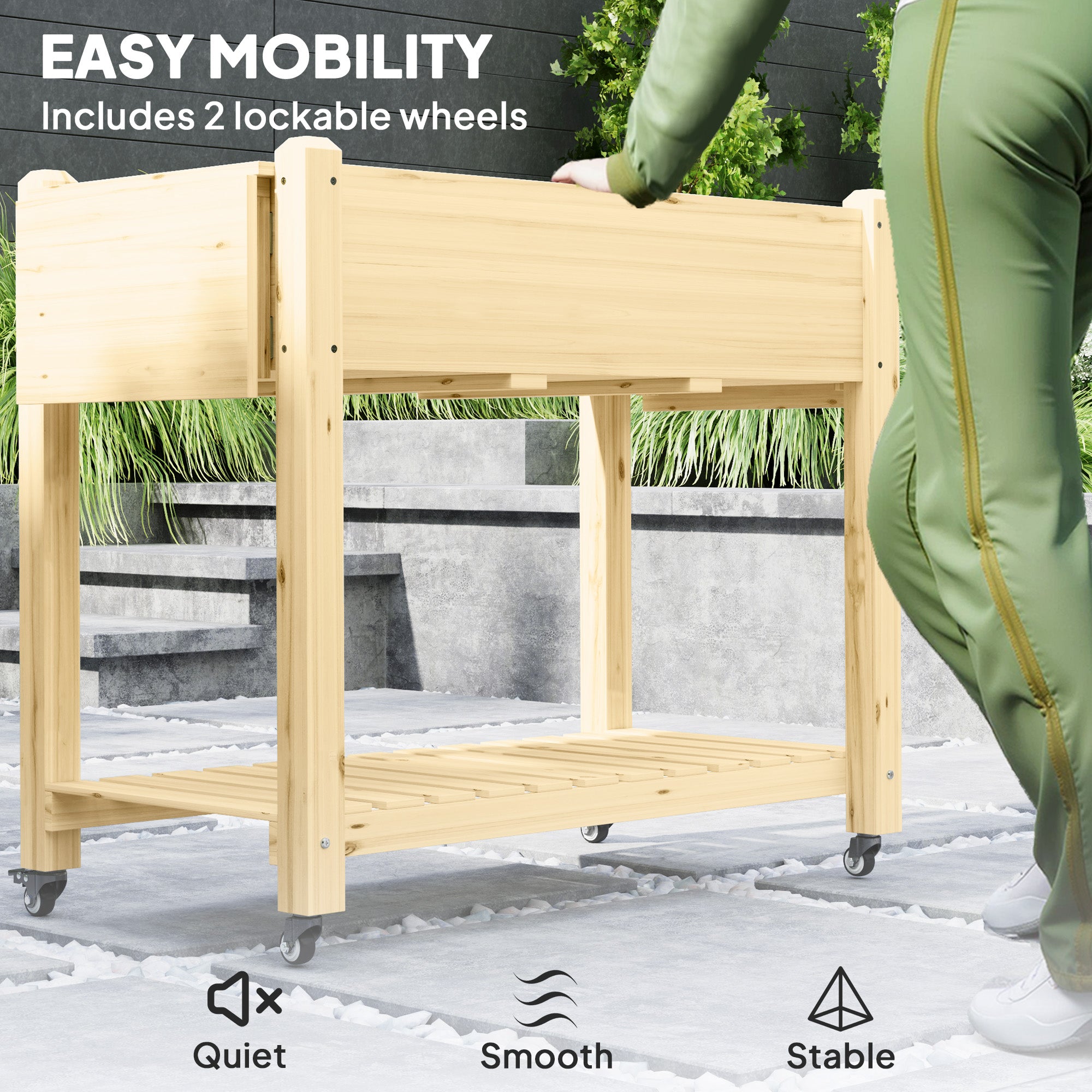 Wood Raised Planter Box, Elevated Garden Bed with Lockable Wheels, Side Tables, Bottom Shelf, Drain Holes, Natural - Natural Wood - Image 5
