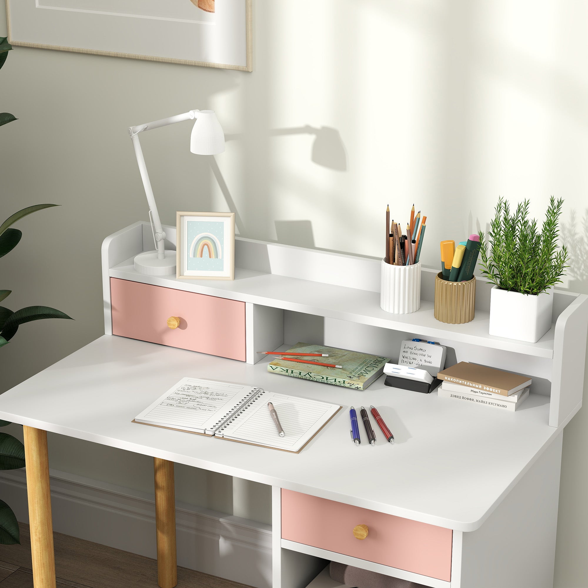 Kids Study Desk with Storage, Kids Desk and Chair Set for Bedroom & Study Room, Girls Boys Aged 3-8 Years, Pink
