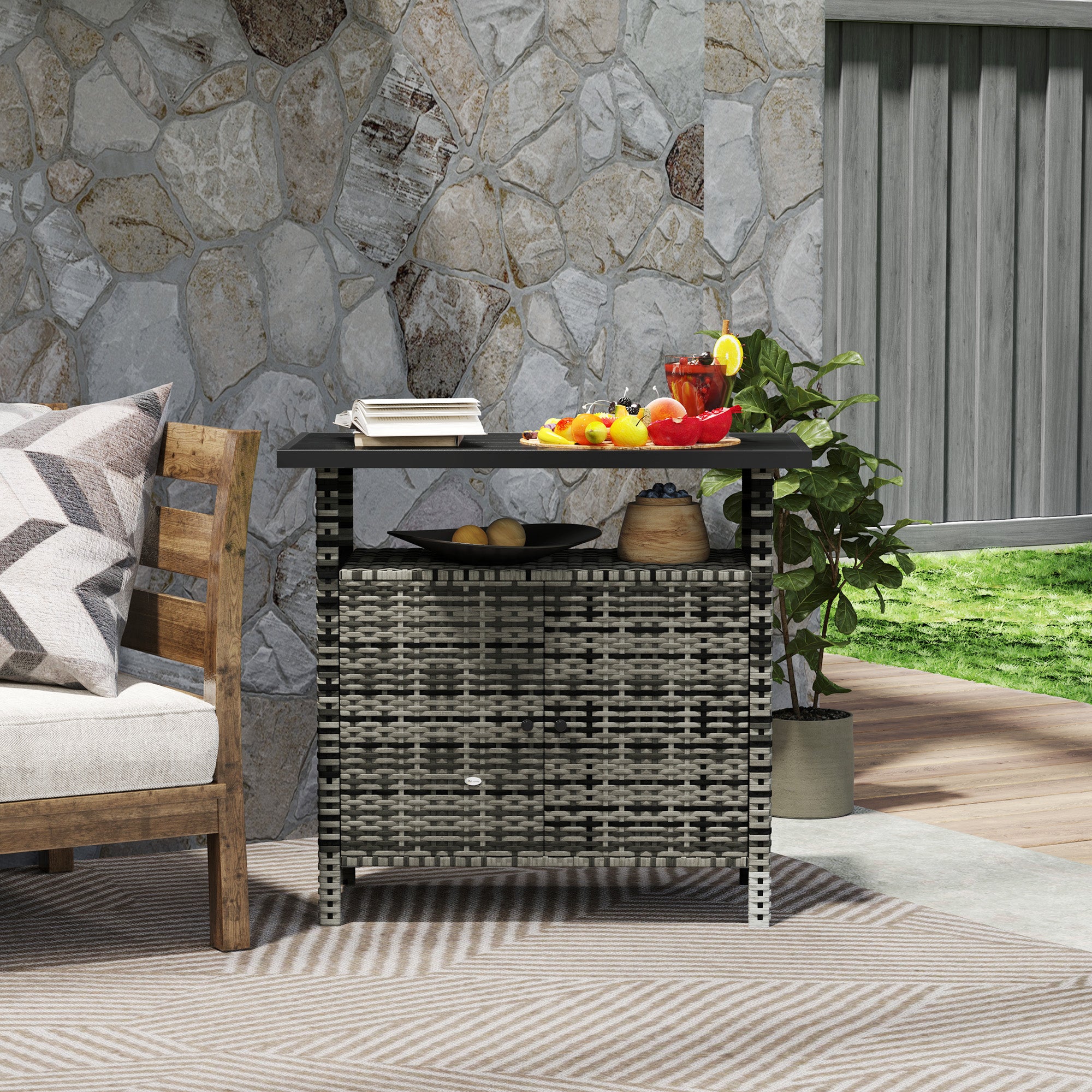 Wicker Outdoor Storage Cabinet with Two Doors and Shelf for Outdoor Pool Towel Storage, Mixed Gray - Mixed Gray - Image 8