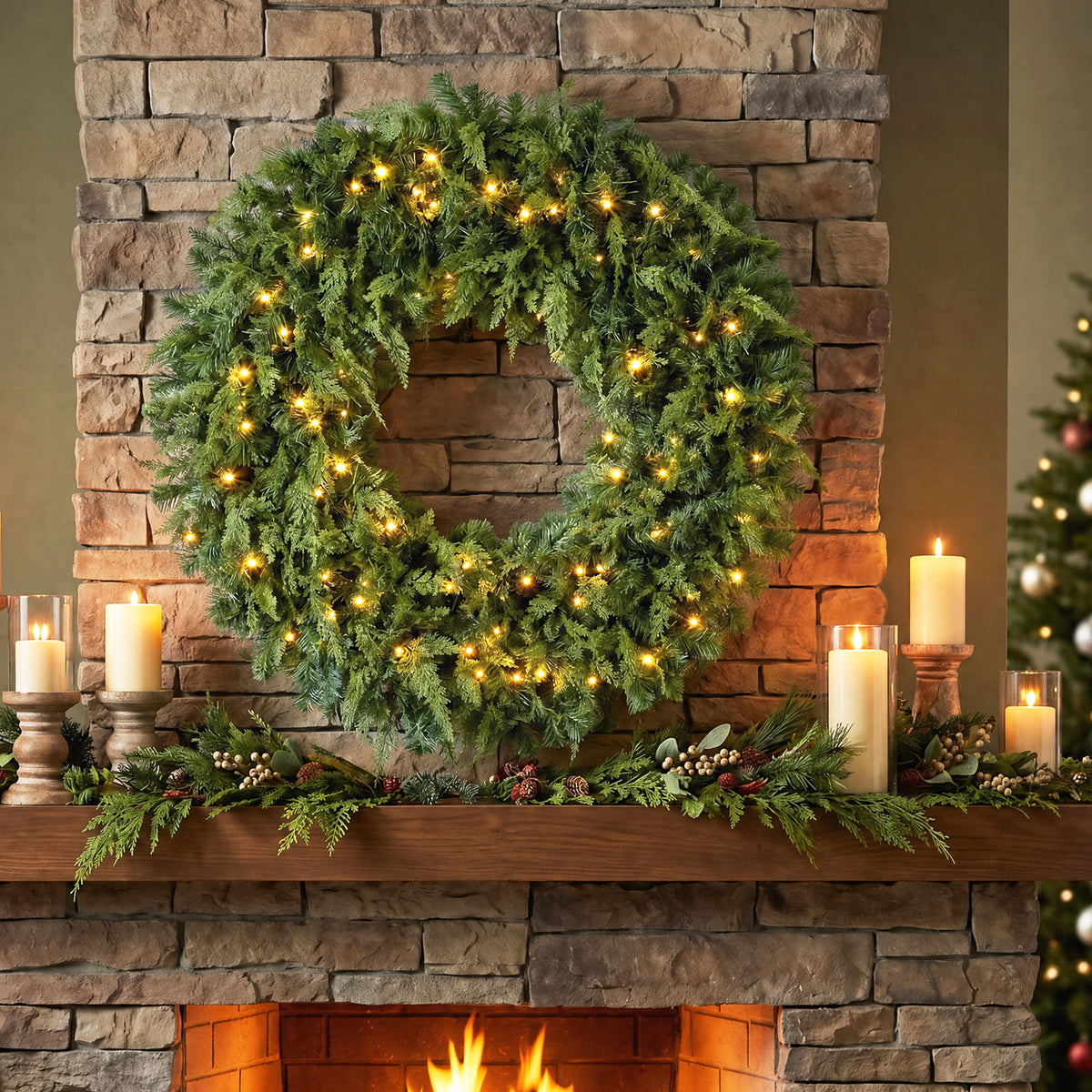 48" Prelit Crestwood Spruce Artificial Christmas Wreath, Christmas Decor with Bow, LEDs, 8 Modes, Realistic Tips