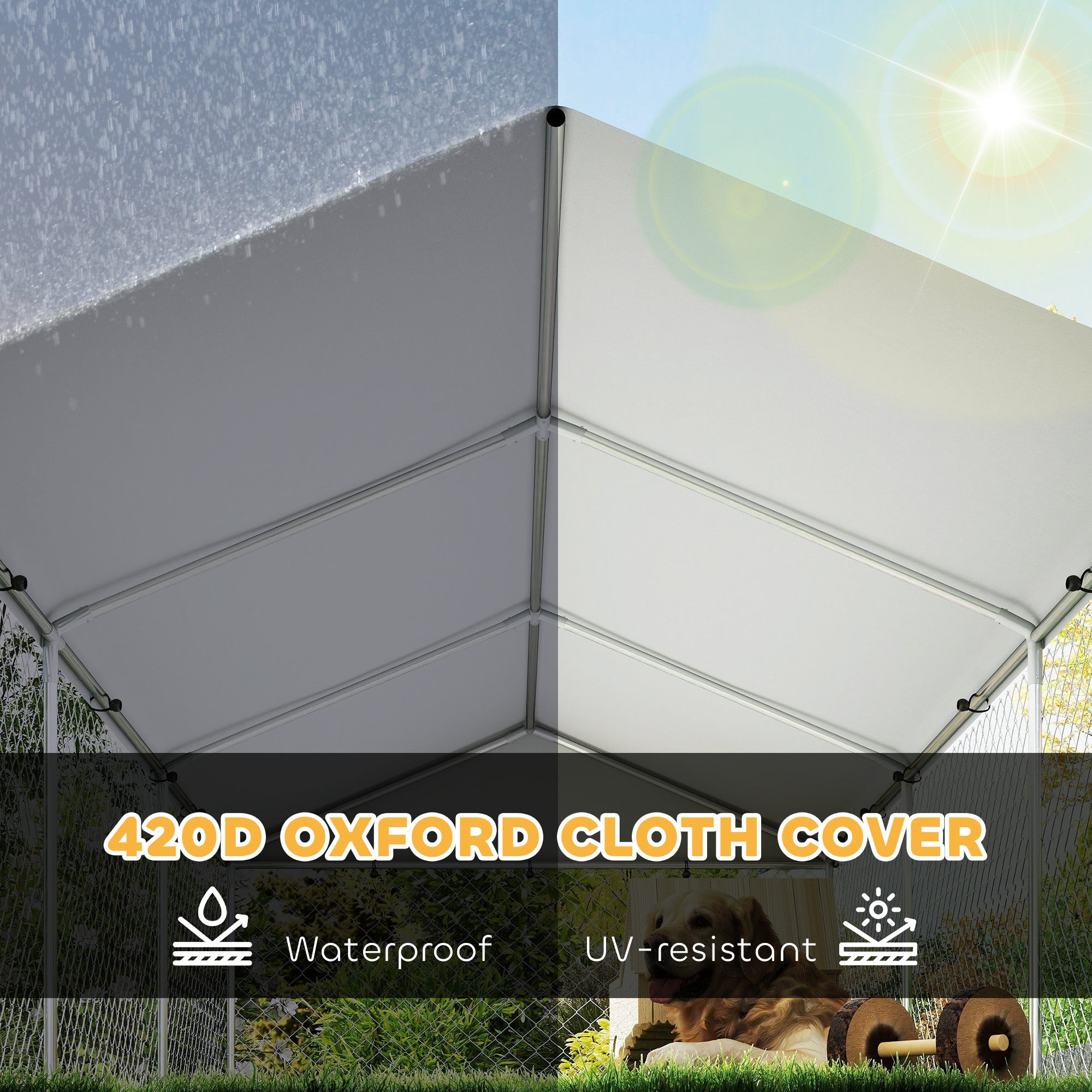 Outdoor Dog Kennel with Adjustable & Rotatable Bowl Rack, Waterproof Cover, Secure Lock, 19.7' x 7.5' x 5.2' - Silver - Image 8