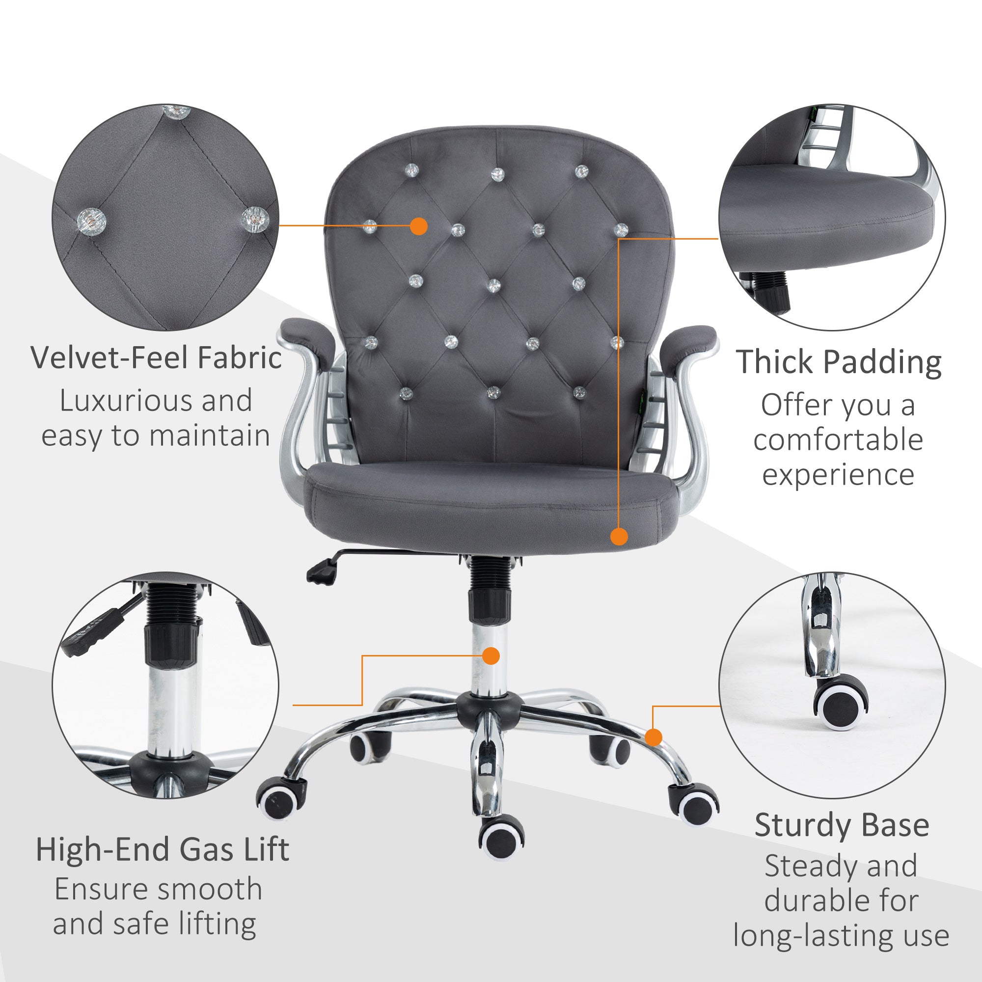 Button Tufted Desk Chair, Home Office Chair with Padded Armrests, Adjustable Height and Swivel Wheels, Dark Gray
