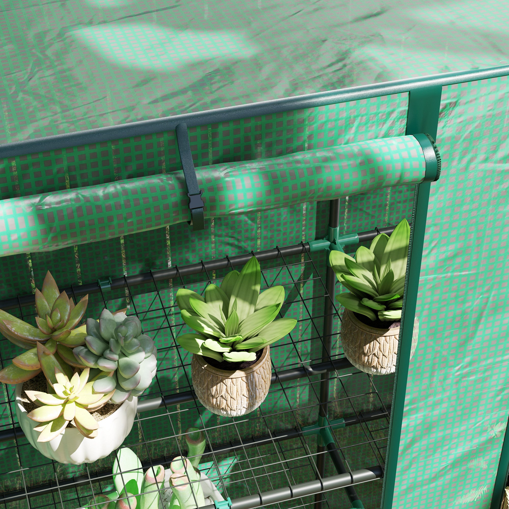 Lean-to Greenhouse with 3 Tier Shelves, Portable Greenhouse with PE Cover, 2 Roll-Up Doors, 56.7" x 18.9" x 59.8", Green - Green - Image 8