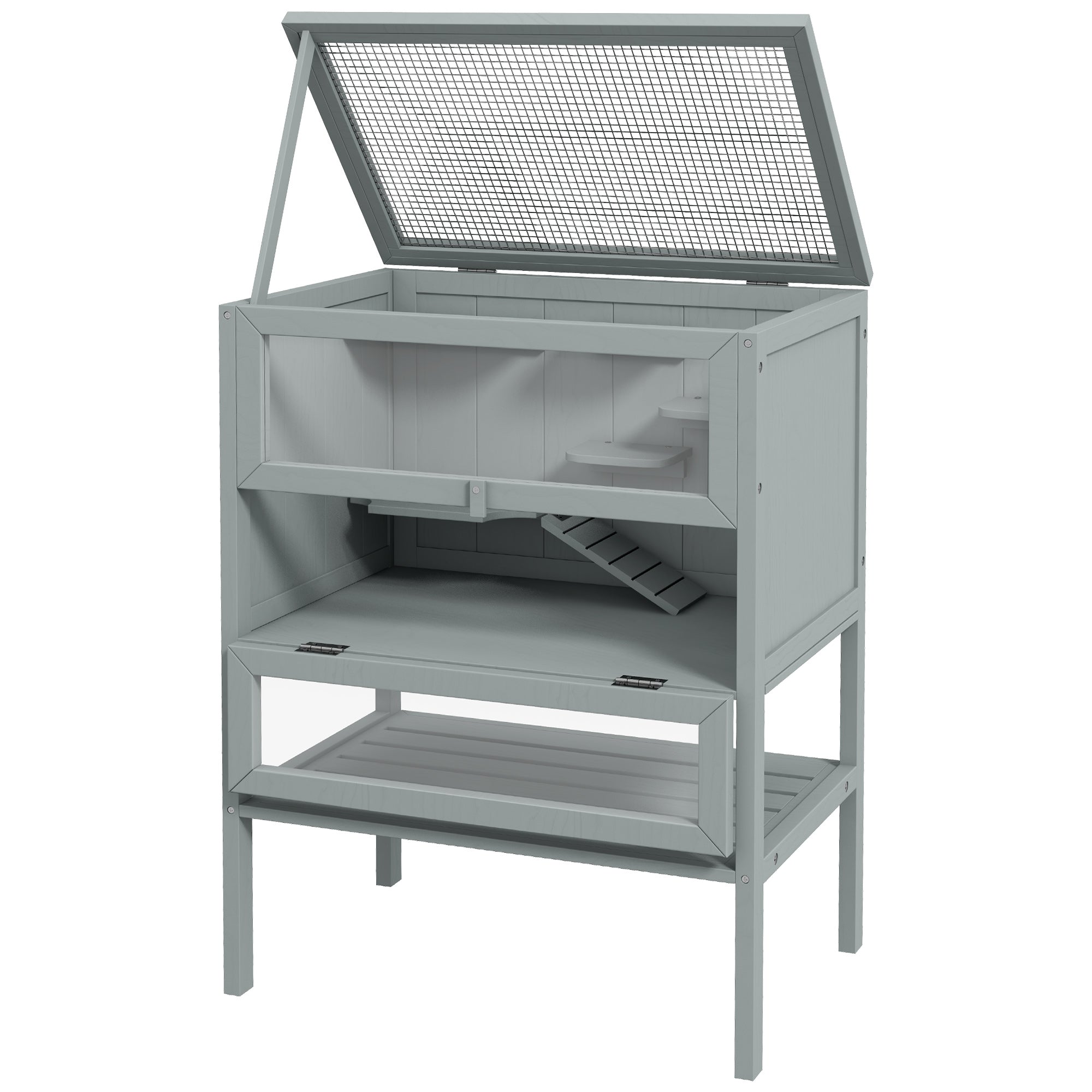 3-Tier Wooden Hamster Cage Mice and Rat Cage Small Animals Hutch with Openable Top, Front Door, Storage Shelf, Gray - Gray - Image 8