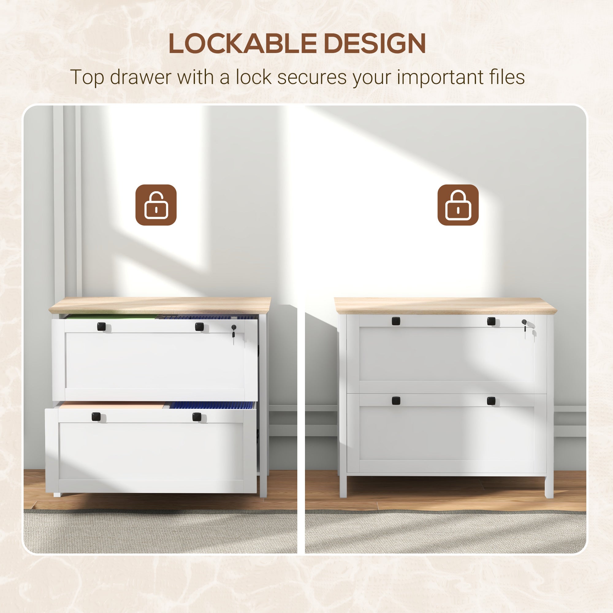 Lateral File Cabinet, 2 Drawer Filing Cabinet with Adjustable Hanging Bar for Letter, A4 and Legal Size, White