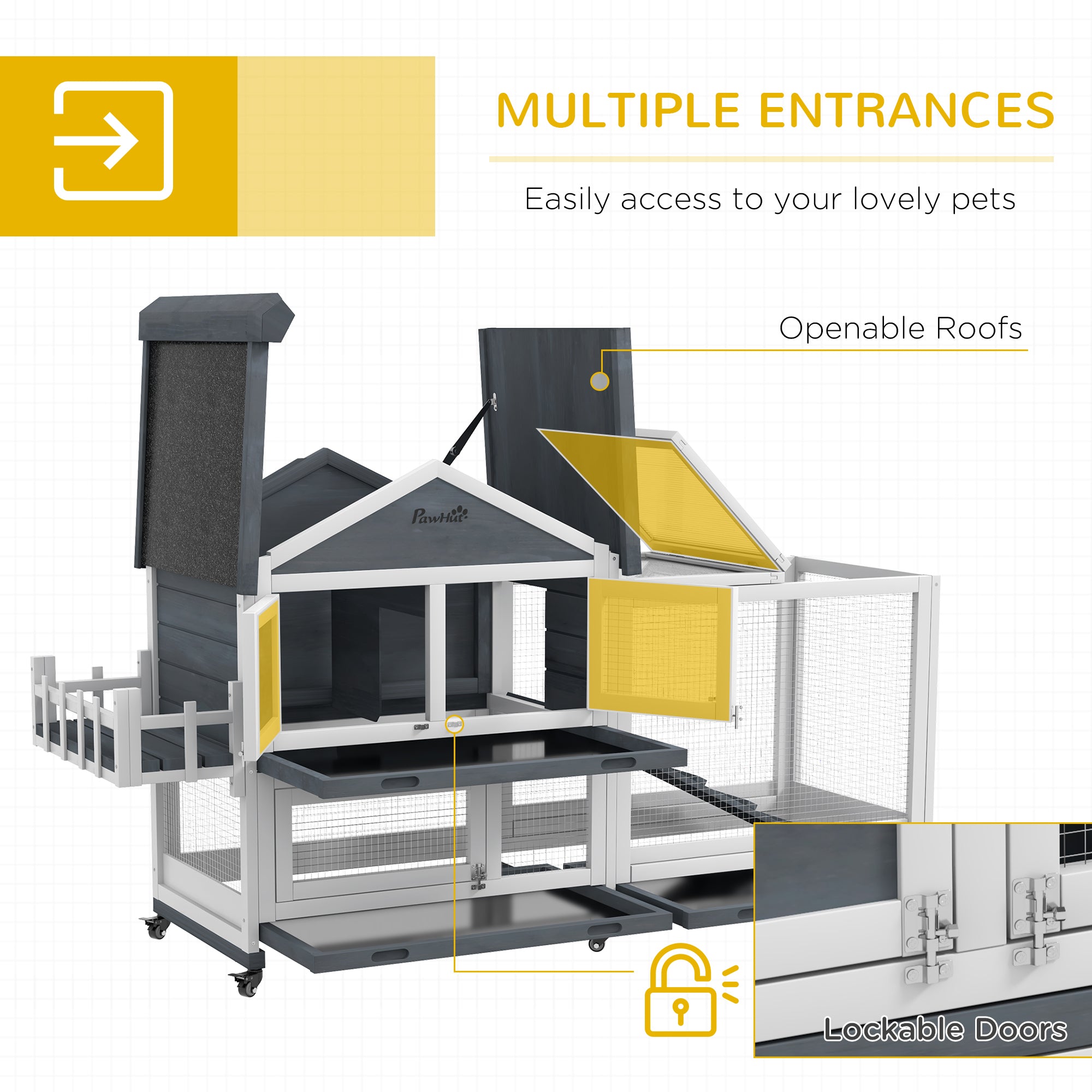 65" Wooden Rabbit Hutch, Pet Playpen with Openable Roof & Storage Box for Rabbits and Small Animals, Gray - Gray - Image 5