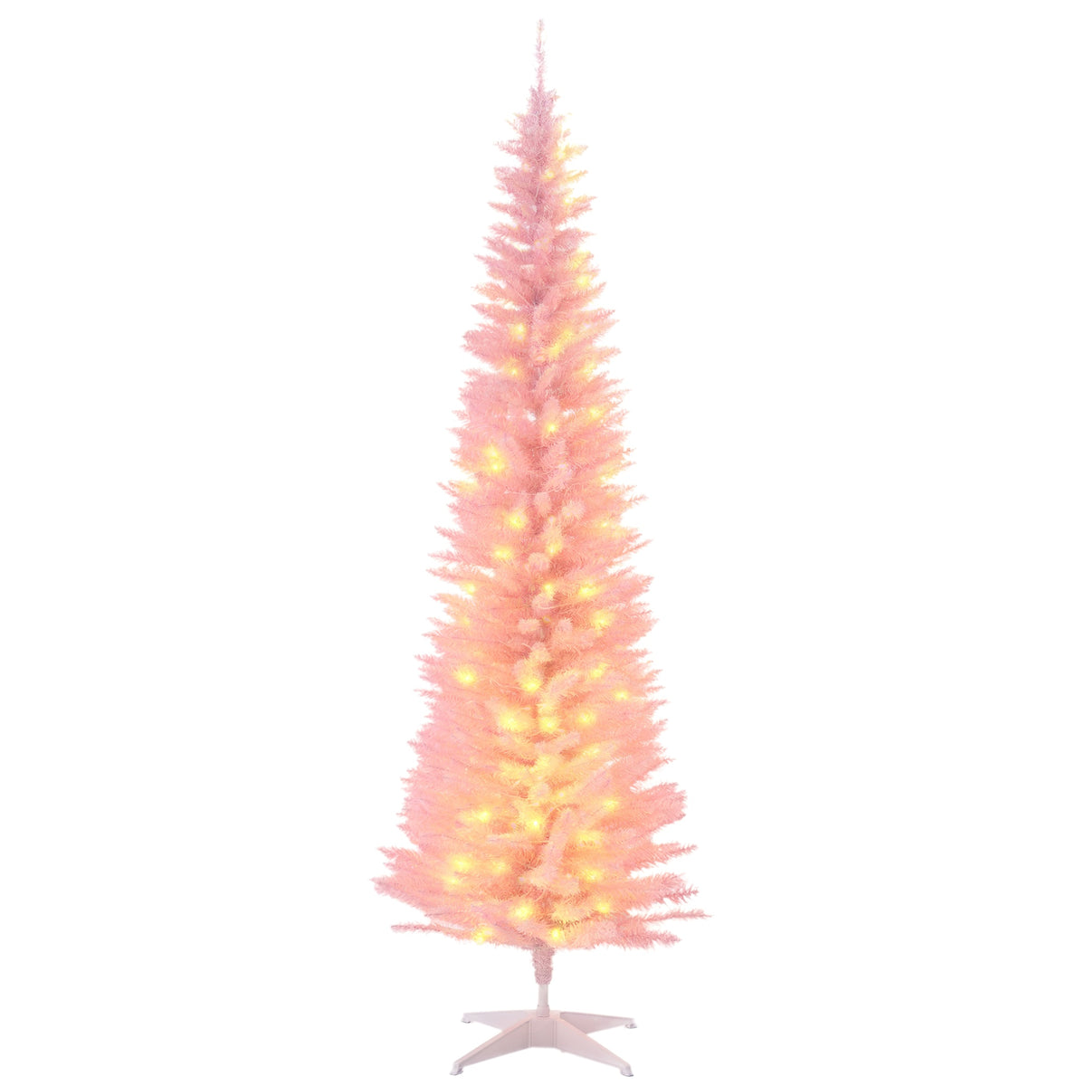 6ft Pencil Christmas Tree, Slim Artificial Christmas Tree with Realistic Branches and Warm White LED Lights, Pink