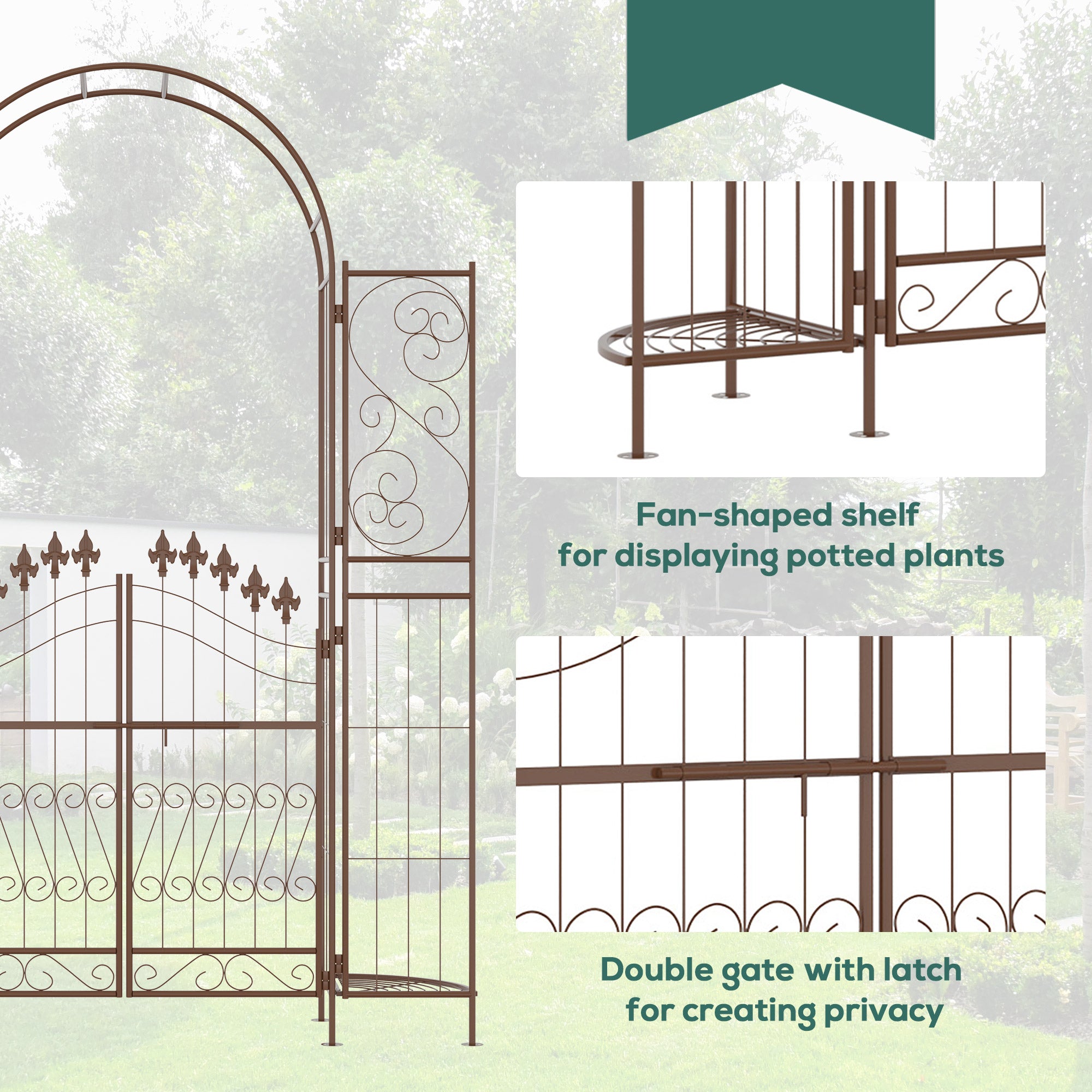 7' Metal Garden Arbor, Garden Arch with Gate, Fleur De Lis Motif, Latching Doors, Planter Shelves for Climbing Vines, Ceremony, Weddings, Party, Garden, Backyard, Lawn, Brown - Brown - Image 5
