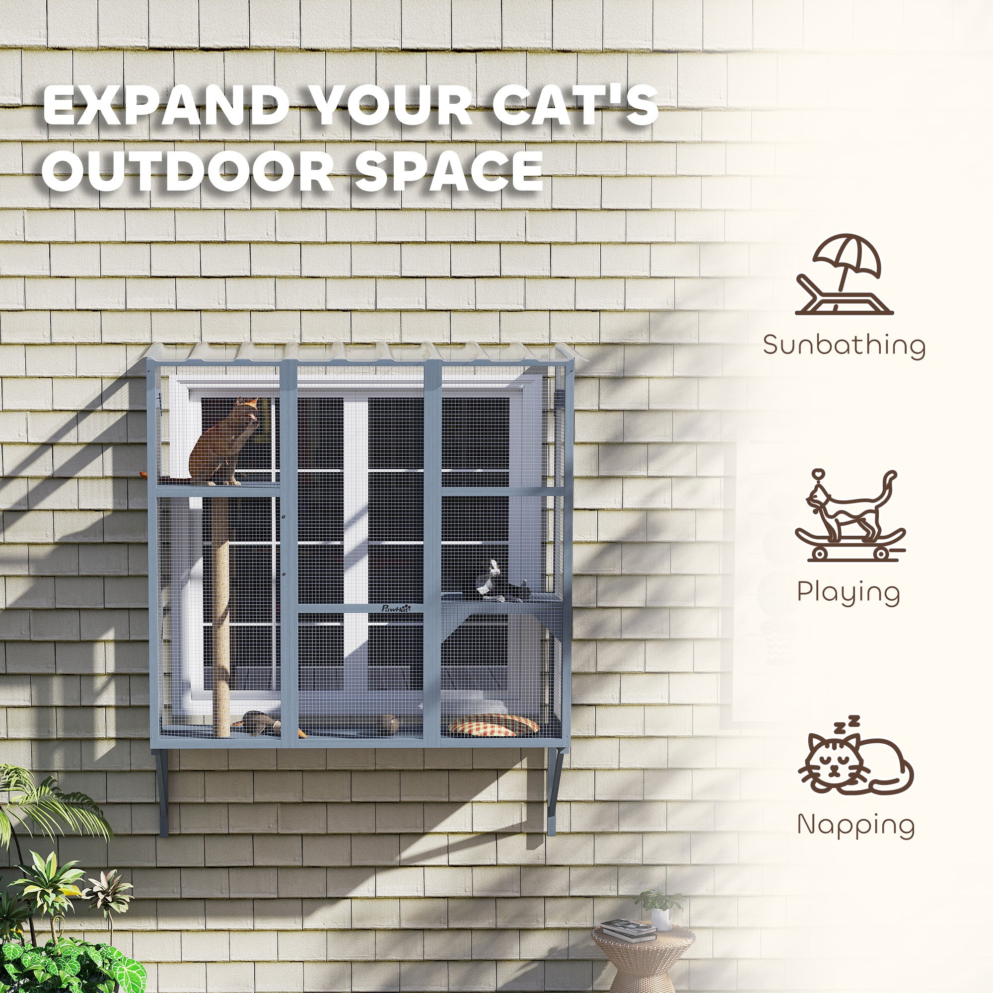 Catio Outdoor, Window Catio for 2-3 Large Indoor Cats w/ 2 Jumping Platforms, Scratching Post, for Playing, Napping - Gray - Image 4