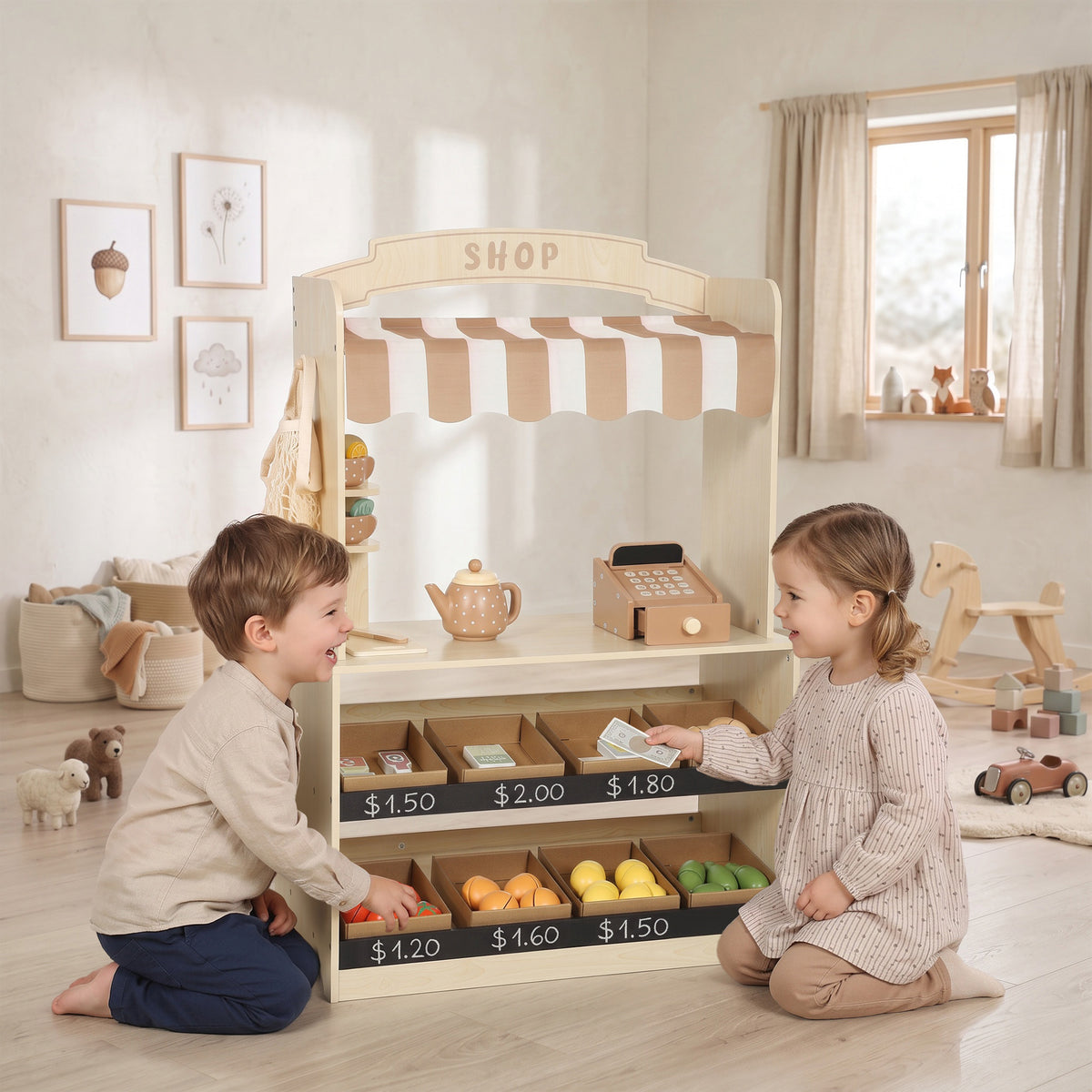 Wooden Grocery Store Playset Pretend Play with Play Food, Cash Register, Chalkboard, 61 Accessories for Boys & Girls 3-8