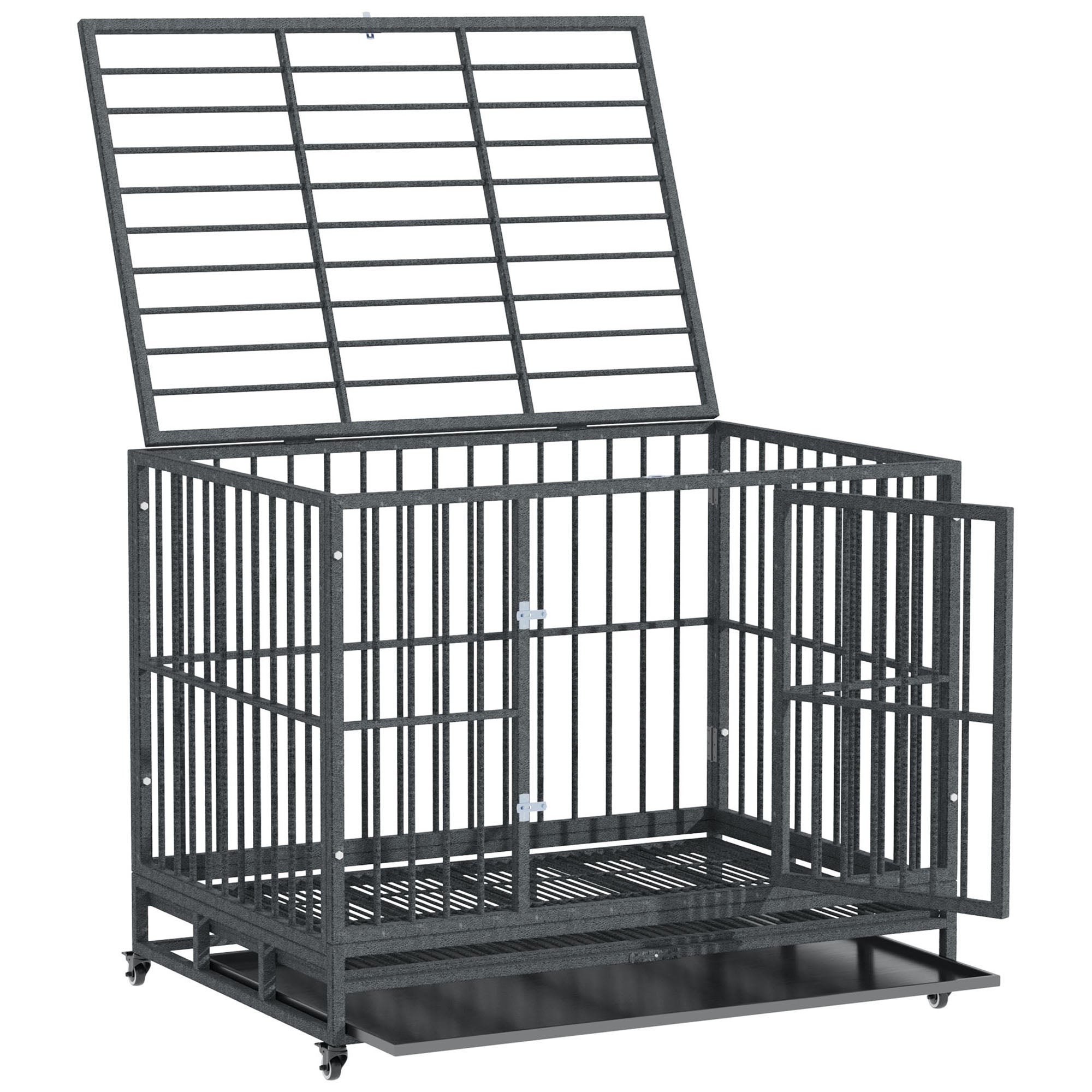 43" Heavy Duty Dog Crate Metal Cage Kennel with Lockable Wheels, Double Door and Removable Tray, Gray - Grey Vein - Image 8