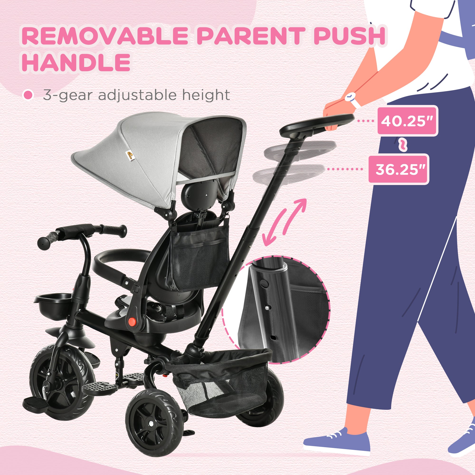 Kids Tricycle, 4 in 1 Foldable Trike with Reversible Seat, Adjustable Parent Handle, Safety Harness, Wheel Brakes, Removable Canopy, Storage, Tricycle for Toddlers 1-5 Years, Gray