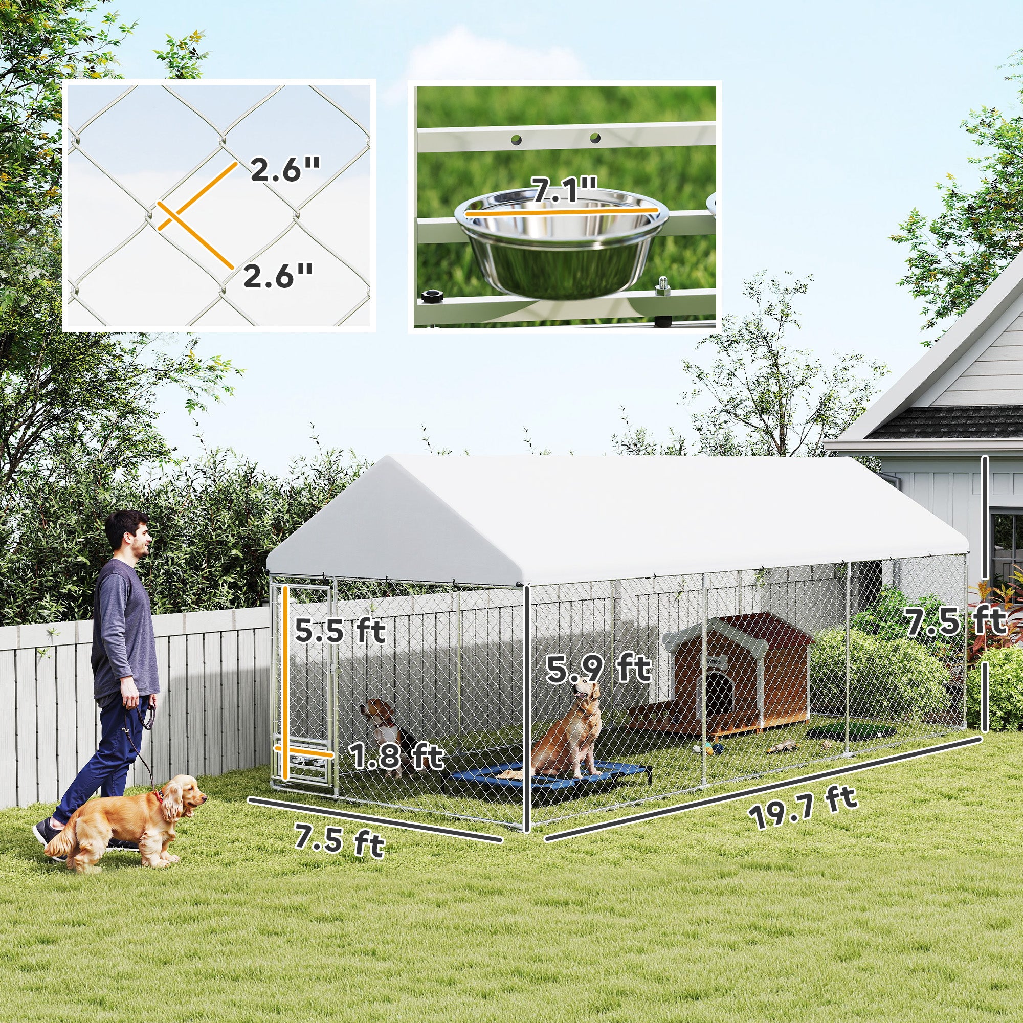 Outdoor Dog Kennel w/ Adjustable & Rotatable Bowl Rack, Waterproof UV-Resistant Cover, Secure Lock, 19.7' x 7.5' x 7.5' - Silver - Image 3