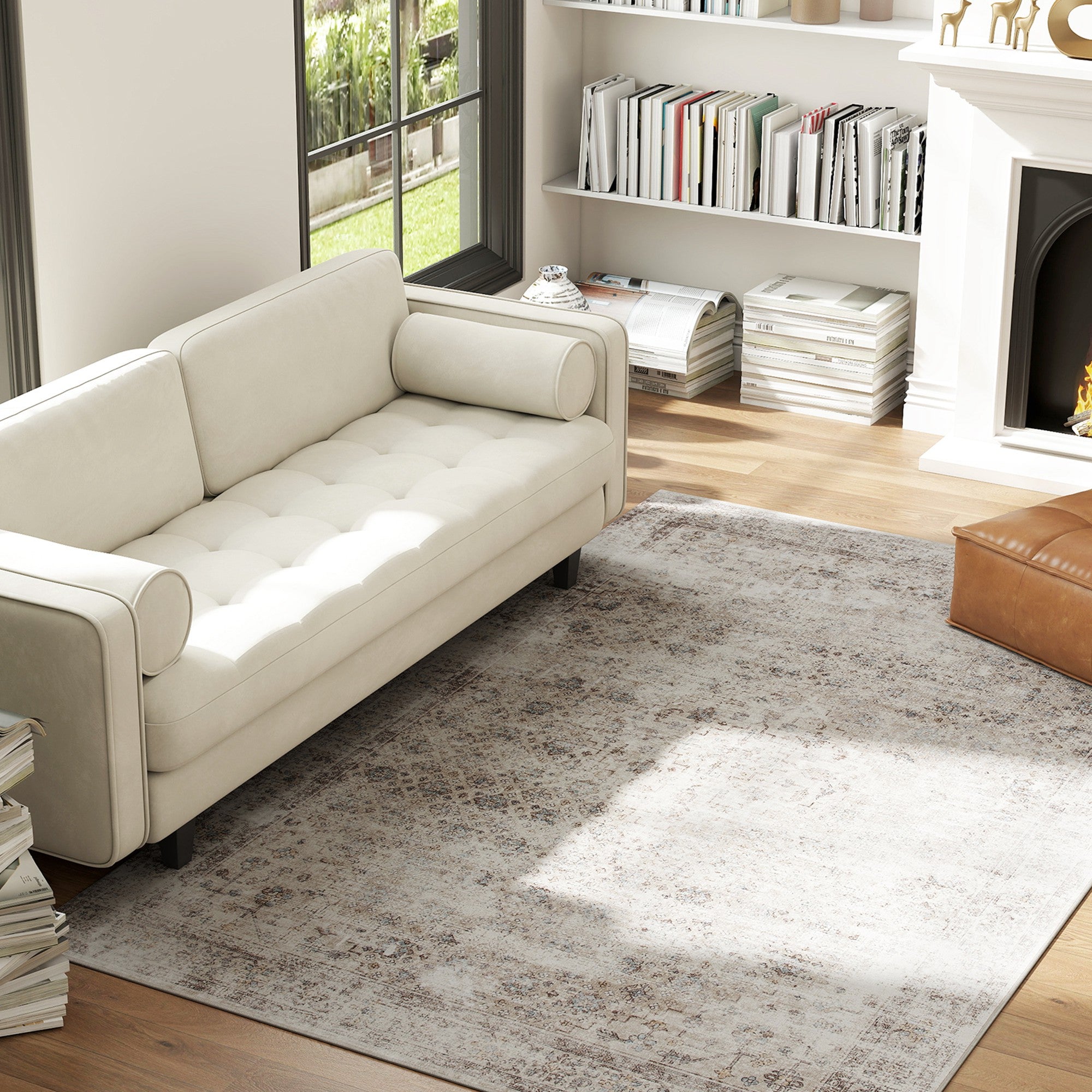 Machine Washable Area Rug 5x7, Non-Slip Traditional Floor Carpet for Living Room, Bedroom, Light Mixed-Brown