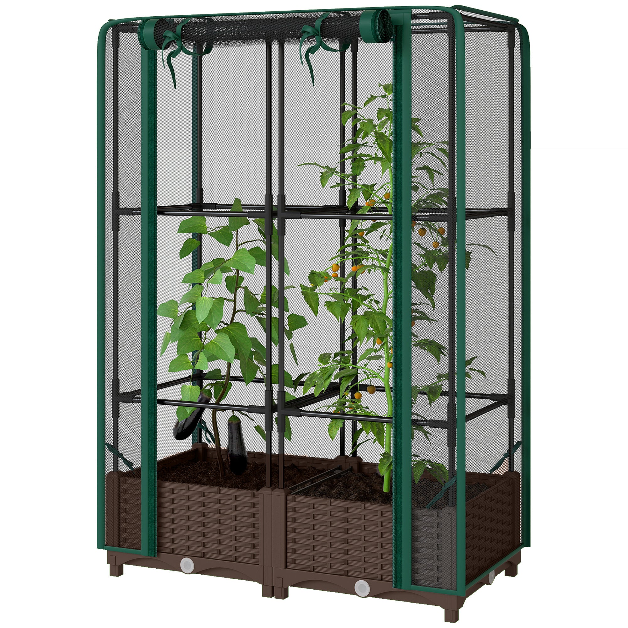 Raised Garden Bed with Trellis, 46.5" Tomato Cage with Crop Cage, Self Watering Planter Box with Drainage Holes, Green - Green