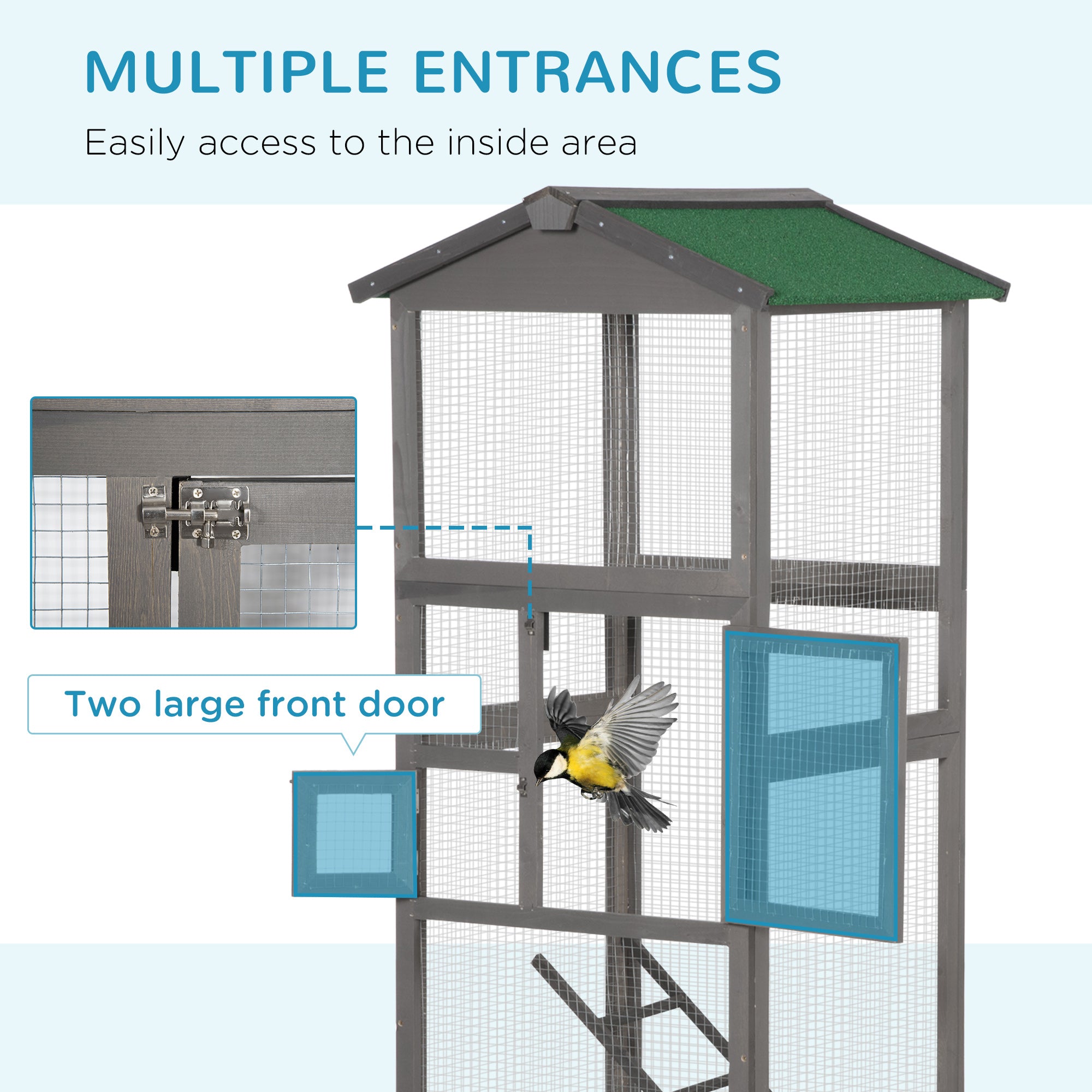 65" Wooden Bird Cage Outdoor Aviary House for Parrot, Parakeet, with Pull Out Tray and 2 Doors, Grey - Light Grey - Image 5