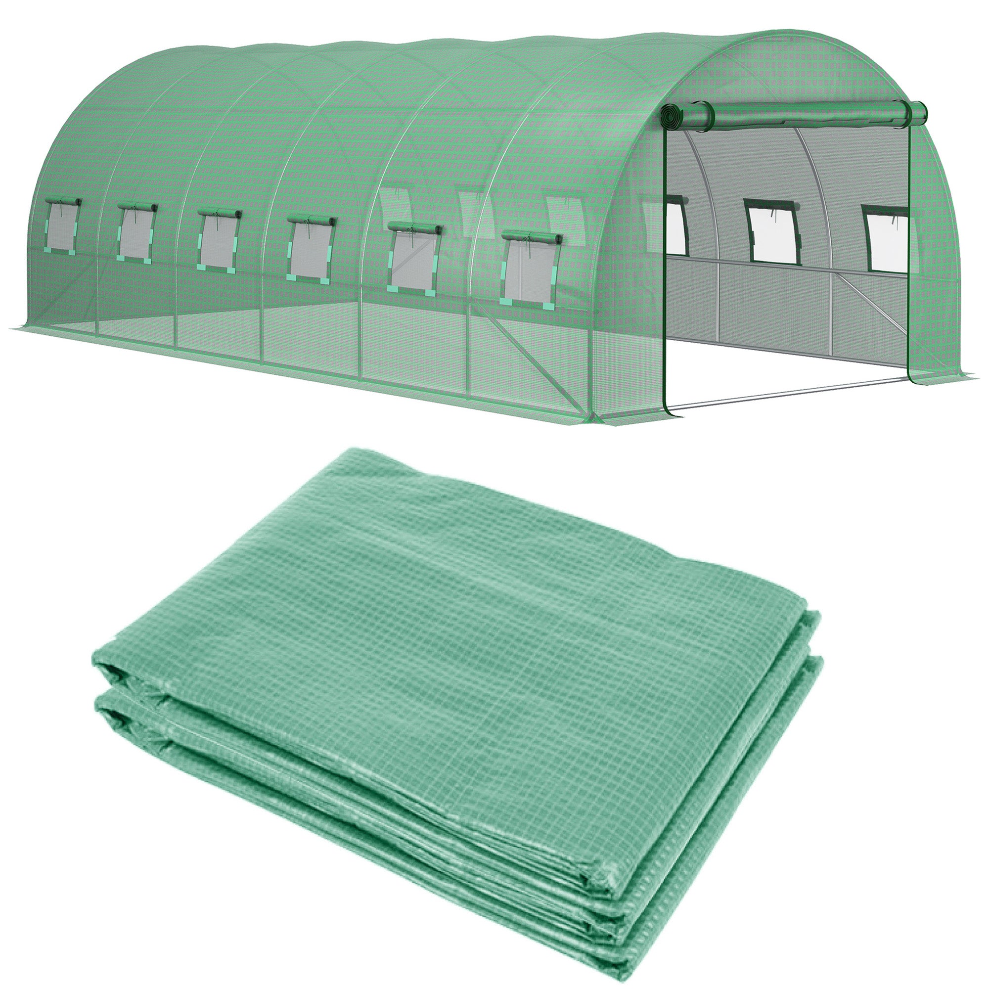 19.7' x 9.8' x 6.6' Plastic Greenhouse Cover Replacement, Heavy Duty Waterproof Tarp for Hoop House, Sheeting with 12 Windows, Door & Reinforcement Grid, Green - Green - Image 2