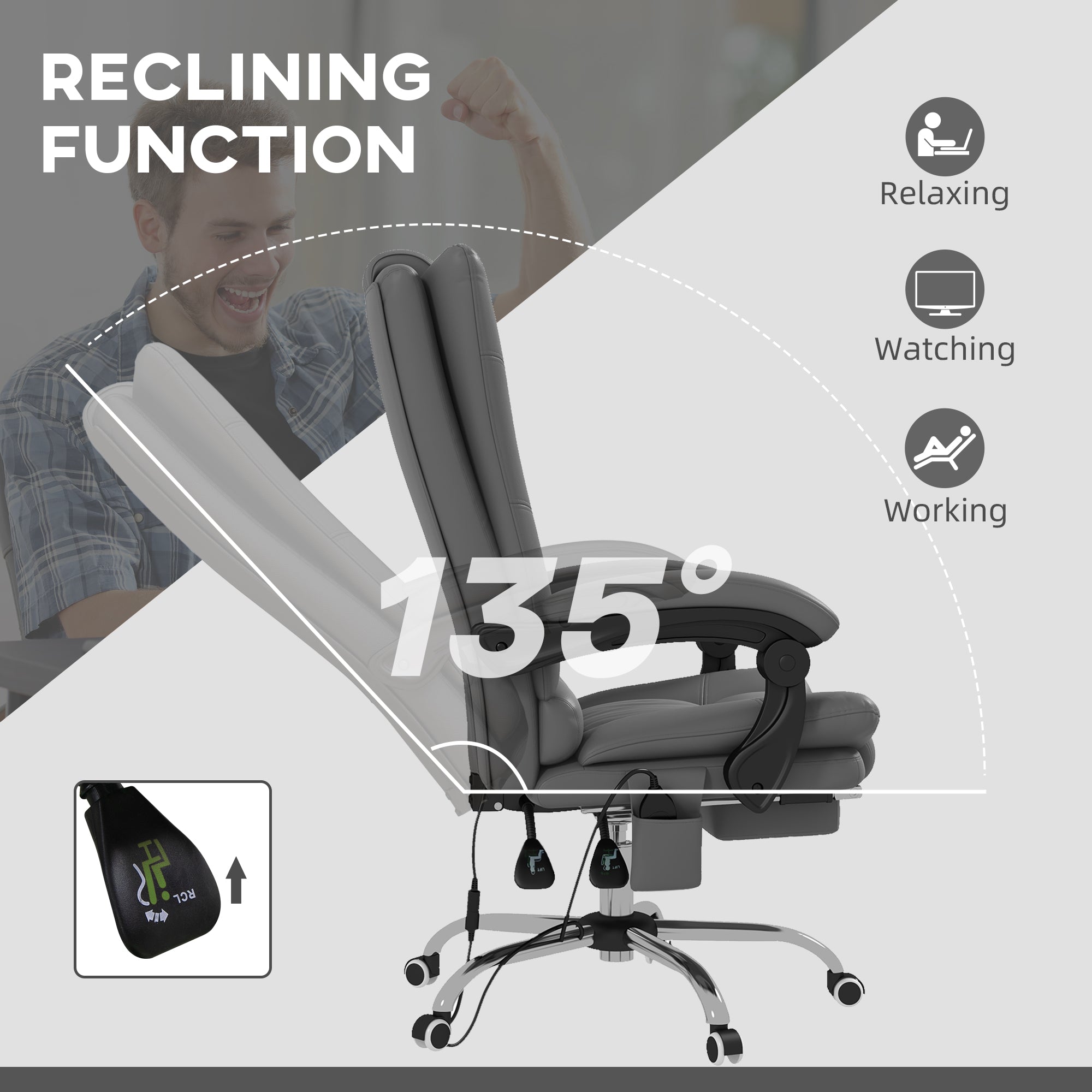 PU Leather Executive Massage Office Chair with 4 Vibration, Computer Desk Chair, Heated Reclining Chair with Adjustable Height, Swivel Wheels, Gray