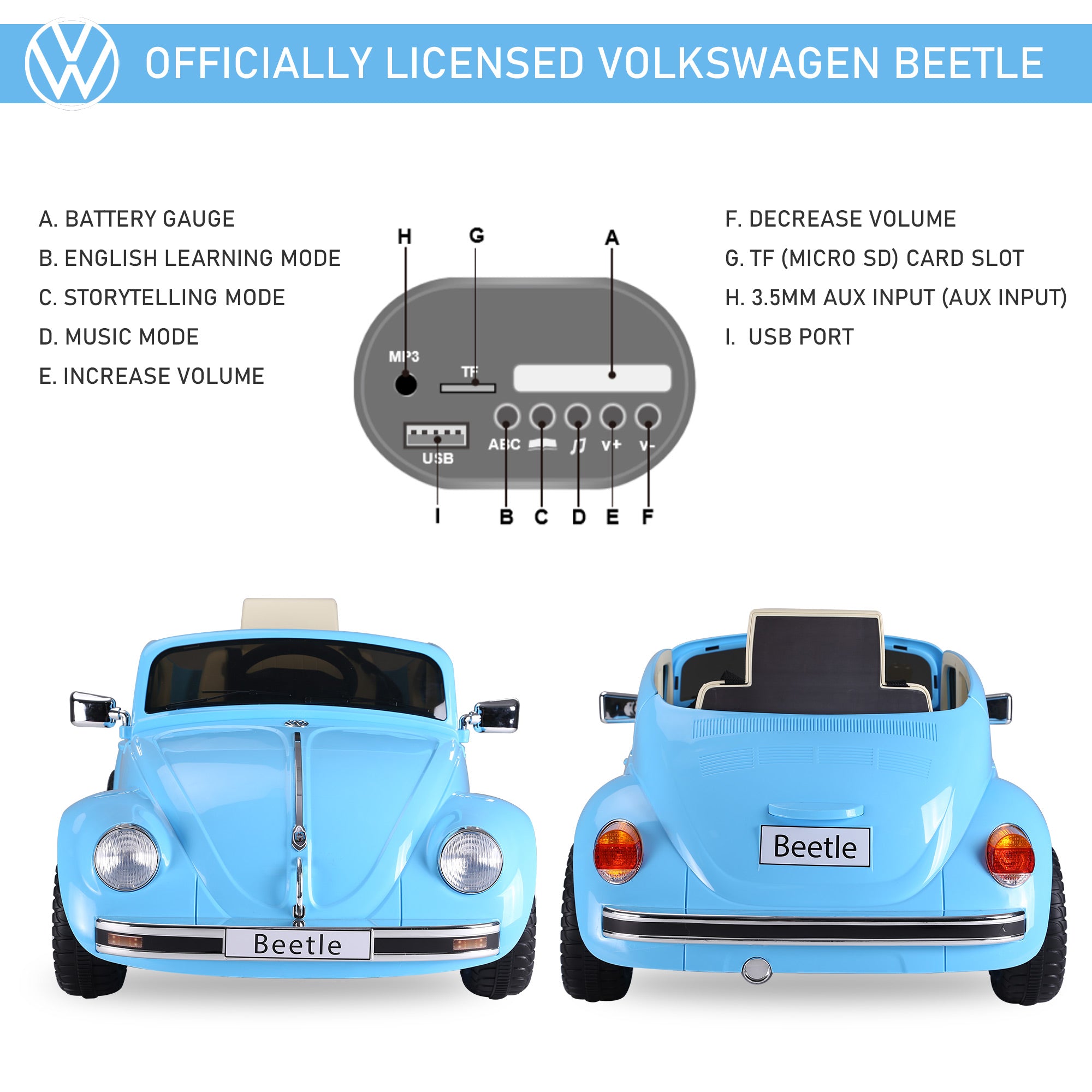 Licensed Volkswagen Beetle Electric Kids Ride-On Car 6V Battery Powered Toy with Remote Control Music Horn Lights MP3 for 3-6 Years Old Blue
