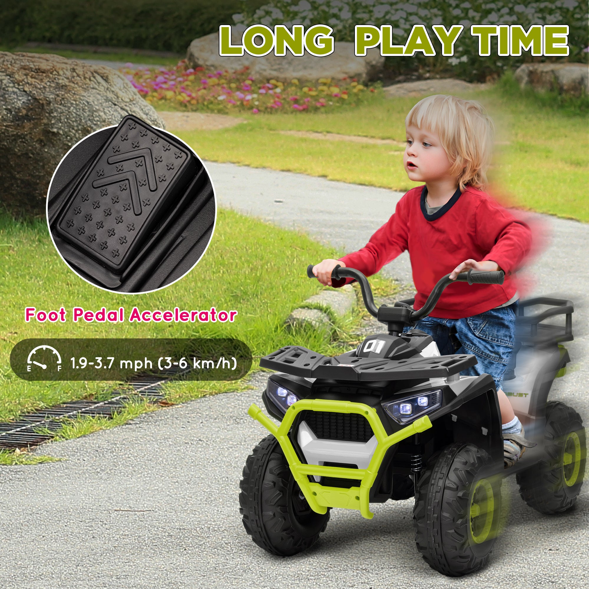 12V Kids ATV, 4 Wheeler Quad with 4 Spring Suspension Wheels, LED Lights, Music USB, Green