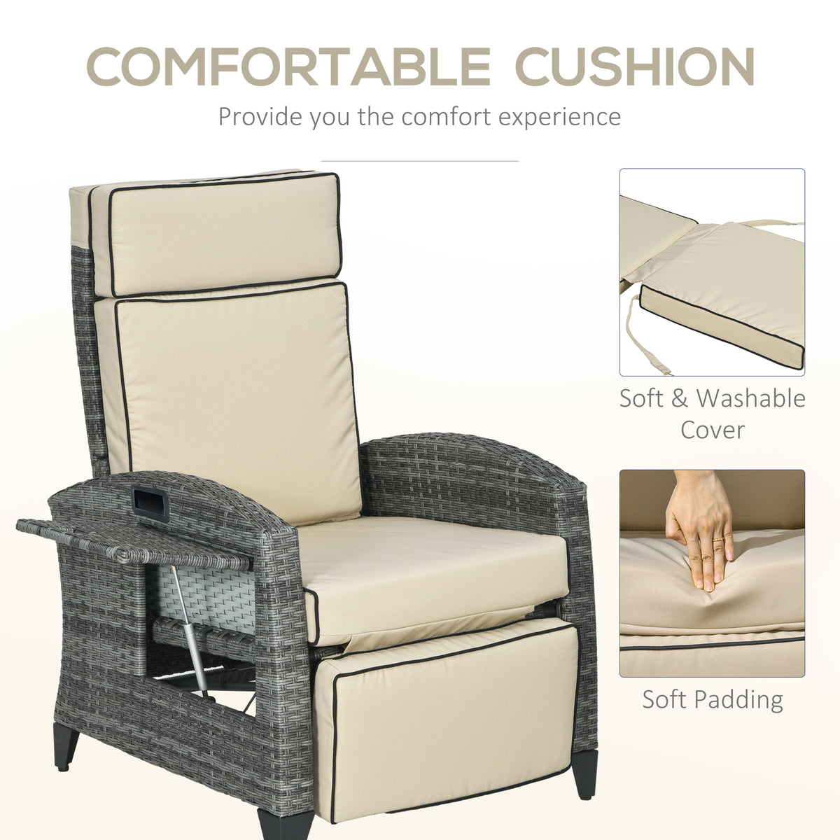 Outdoor Recliner Chair with Cushions, Reclining Patio Lounge Chair with Adjustable Footrest, Armrests, Tray Table, Khaki