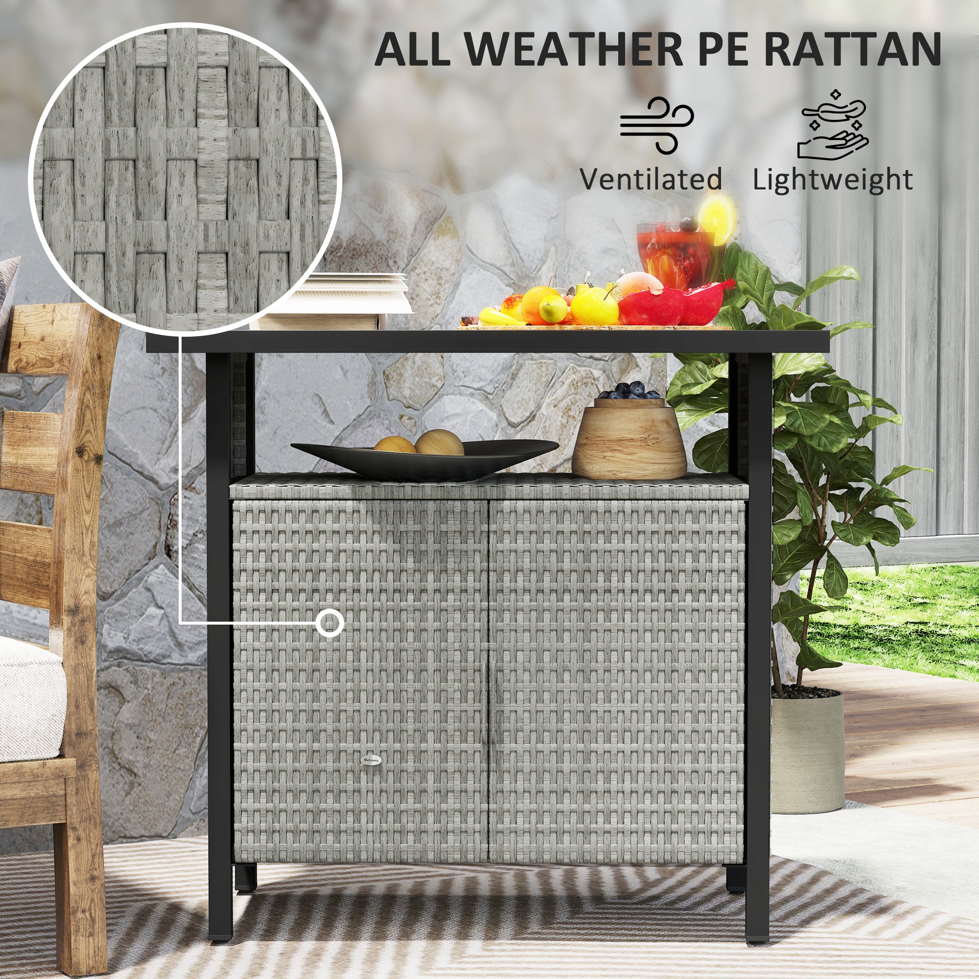 Outdoor Pool Towel Storage Cabinet Organizer, Outdoor Bar Table with Shelf and Cabinet, Pool Towel Holder Pool Valet with Weather-Resistant PE Rattan and Steel Frame, Gray - Gray - Image 5