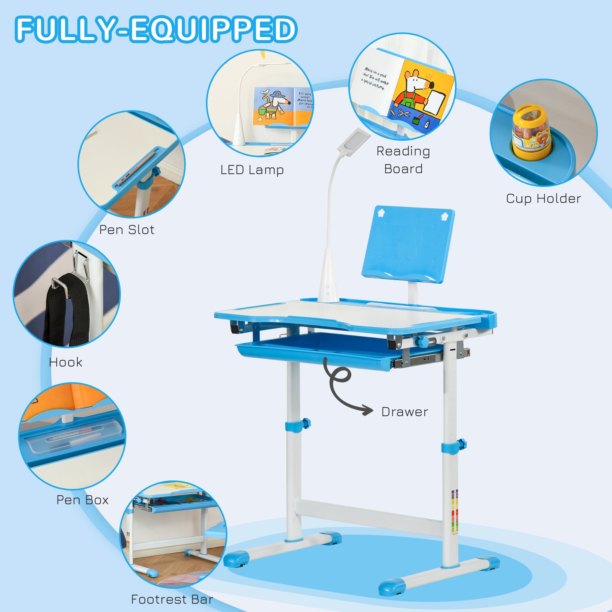 Kids Desk and Chair Set with USB Light, Storage Drawer, Blue