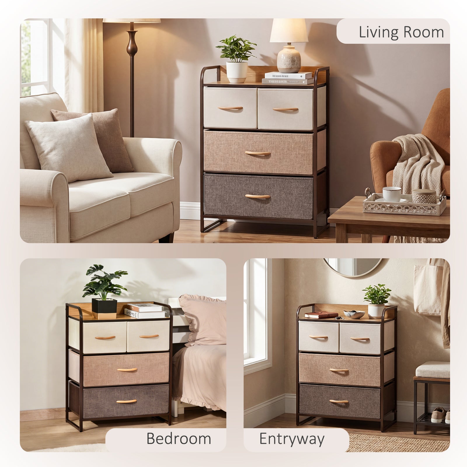 4-Drawer Dresser, 3-Tier Storage Tower with Steel Frame for Bedroom, Nursery Room, Multicolored