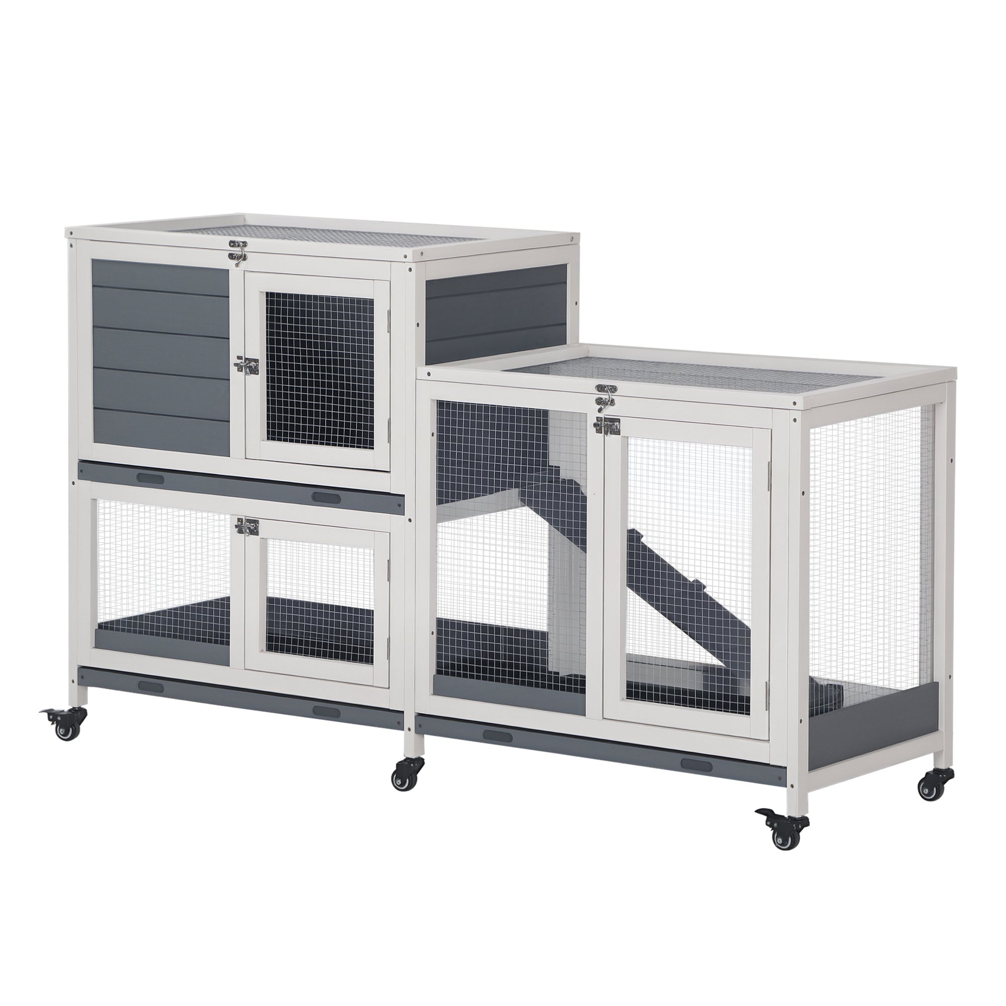 Wooden Rabbit Hutch Bunny Hutch Elevated Pet House Cage Small Animal Habitat with No Leak Tray Lockable Door Openable Top for Rabbits, Chickens, Ducks, Indoor 57.75" x 18" x 32.5" Gray - Grey and White